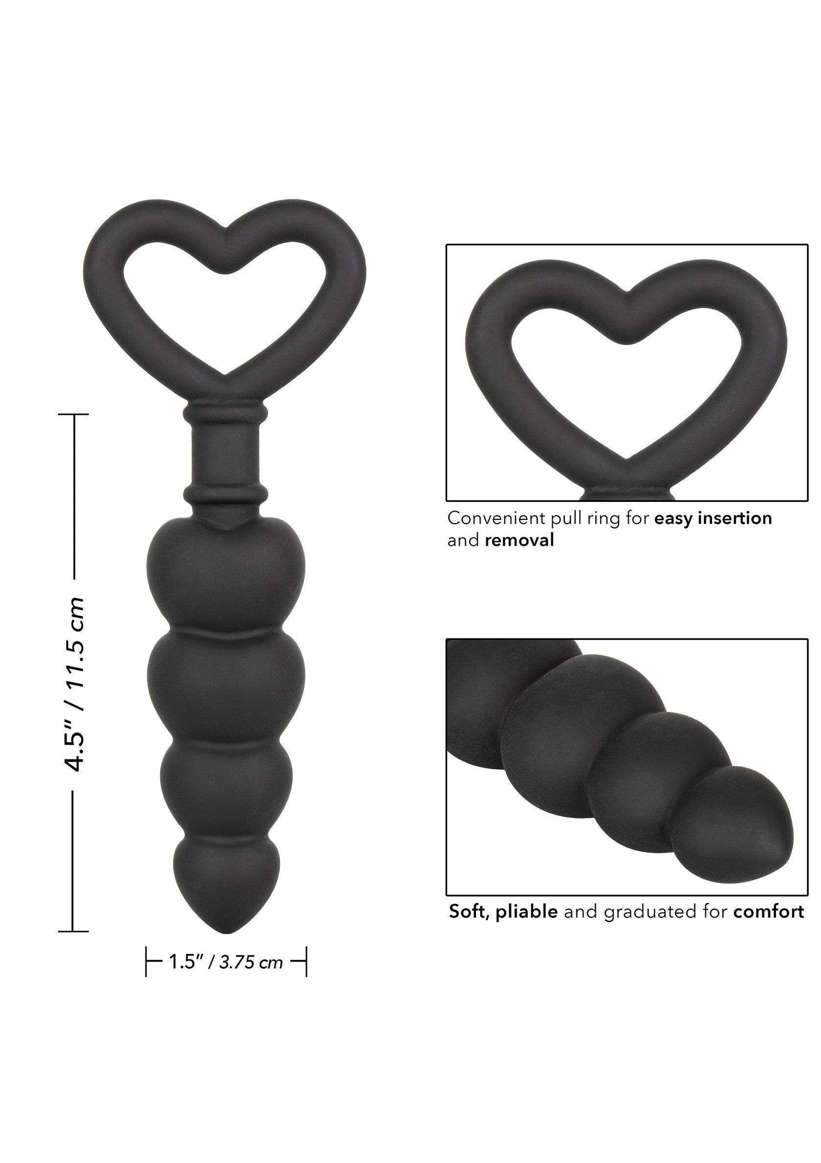 Plug anal noir en forme de cœur pour une insertion facile et confortable. Doux, souple et gradué pour le confort.; Zwarte buttplug met hartvorm voor comfortabele en gemakkelijke inbreng. Zacht, buigzaam en gradueel voor comfort.; Black heart-shaped butt plug for comfortable & easy insertion. Soft, pliable & graduated for comfort. Pull ring for easy removal.