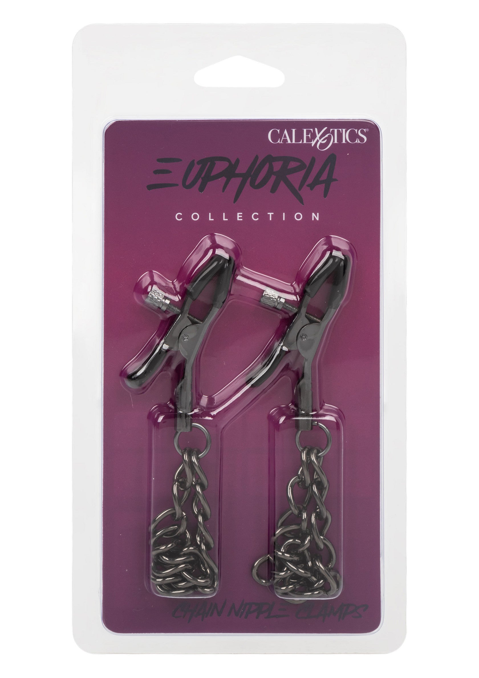 Pinces à tétons avec chaînes Calexotics Euphoria Collection pour un plaisir intense. Fixation réglable.; Calexotics Euphoria Collection tepelklemmen met kettingen voor intense plezier. Verstelbare bevestiging.; Calexotics Euphoria Collection nipple clamps with chains for intense pleasure. Adjustable attachment.