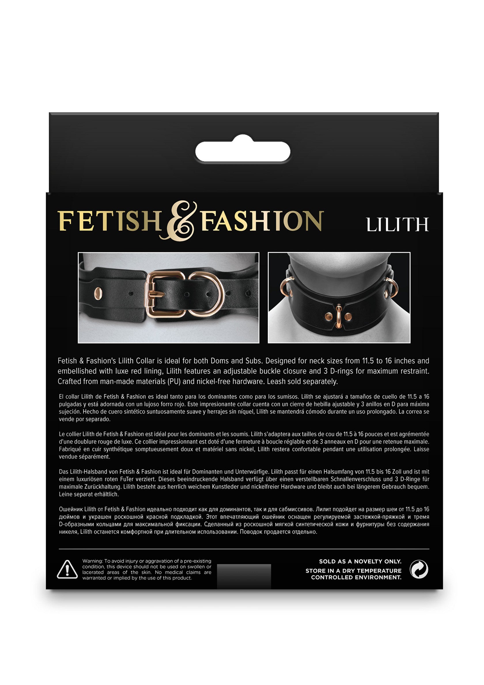 Collier Lilith de Fetish & Fashion. Idéal pour dominants et soumis, PU, boucle réglable et 3 anneaux en D. Accessoire de mode érotique.; Fetish & Fashion Lilith halsband. Geschikt voor dominants en subs, verstelbare gesp en 3 D-ringen. PU materiaal. Erotische mode accessoire.; Fetish & Fashion Lilith Collar. Ideal for Doms & Subs. PU leather, adjustable buckle & 3 D-rings. Erotic fashion accessory.