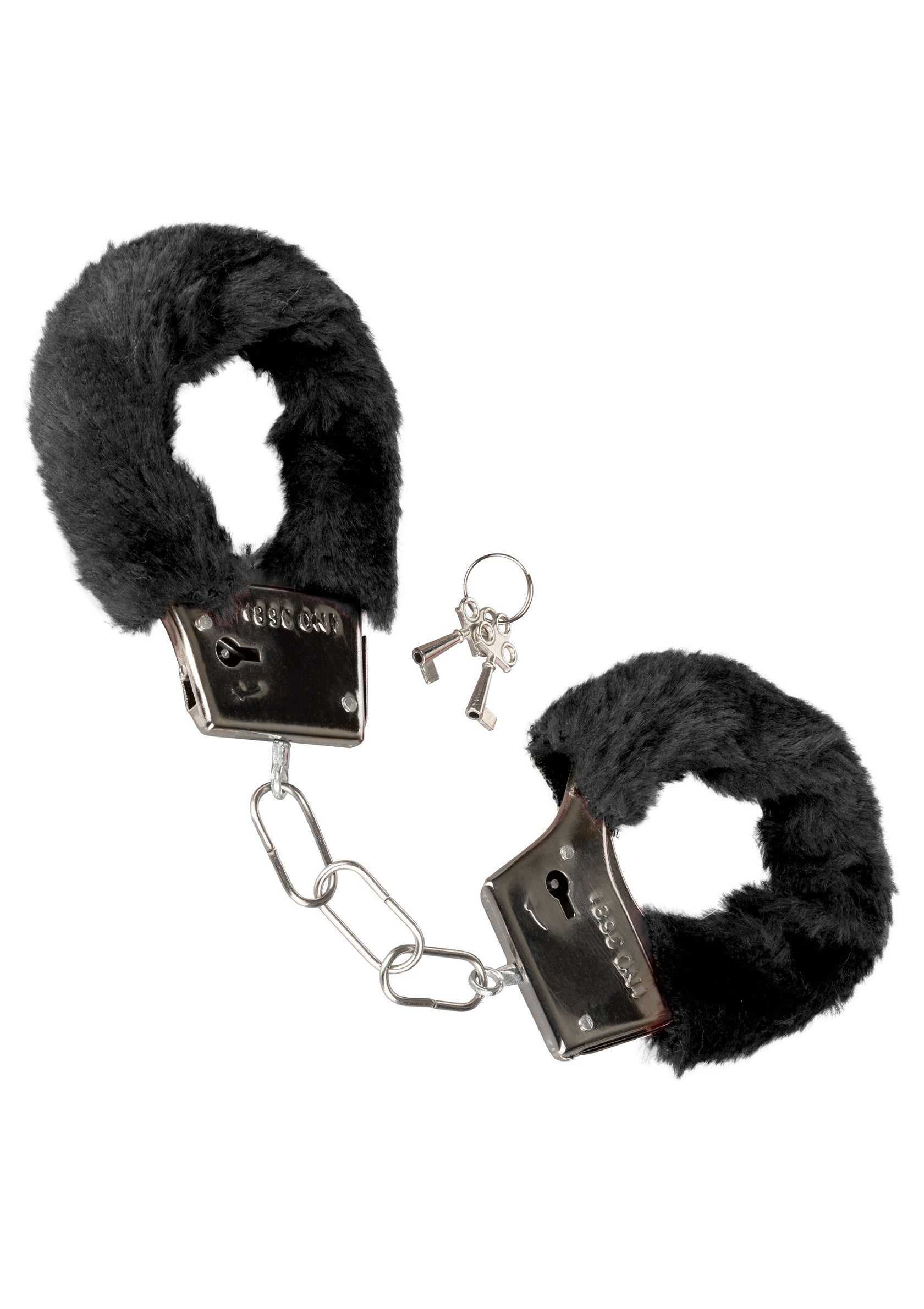 Menottes en fourrure noire pour jeux coquins. Accessoire de plaisir doux et captivant.; Zwarte bont handboeien voor stout spel. Zacht en boeiend plezieraccessoire.; Black fur handcuffs for kinky play. Soft and captivating pleasure accessory.