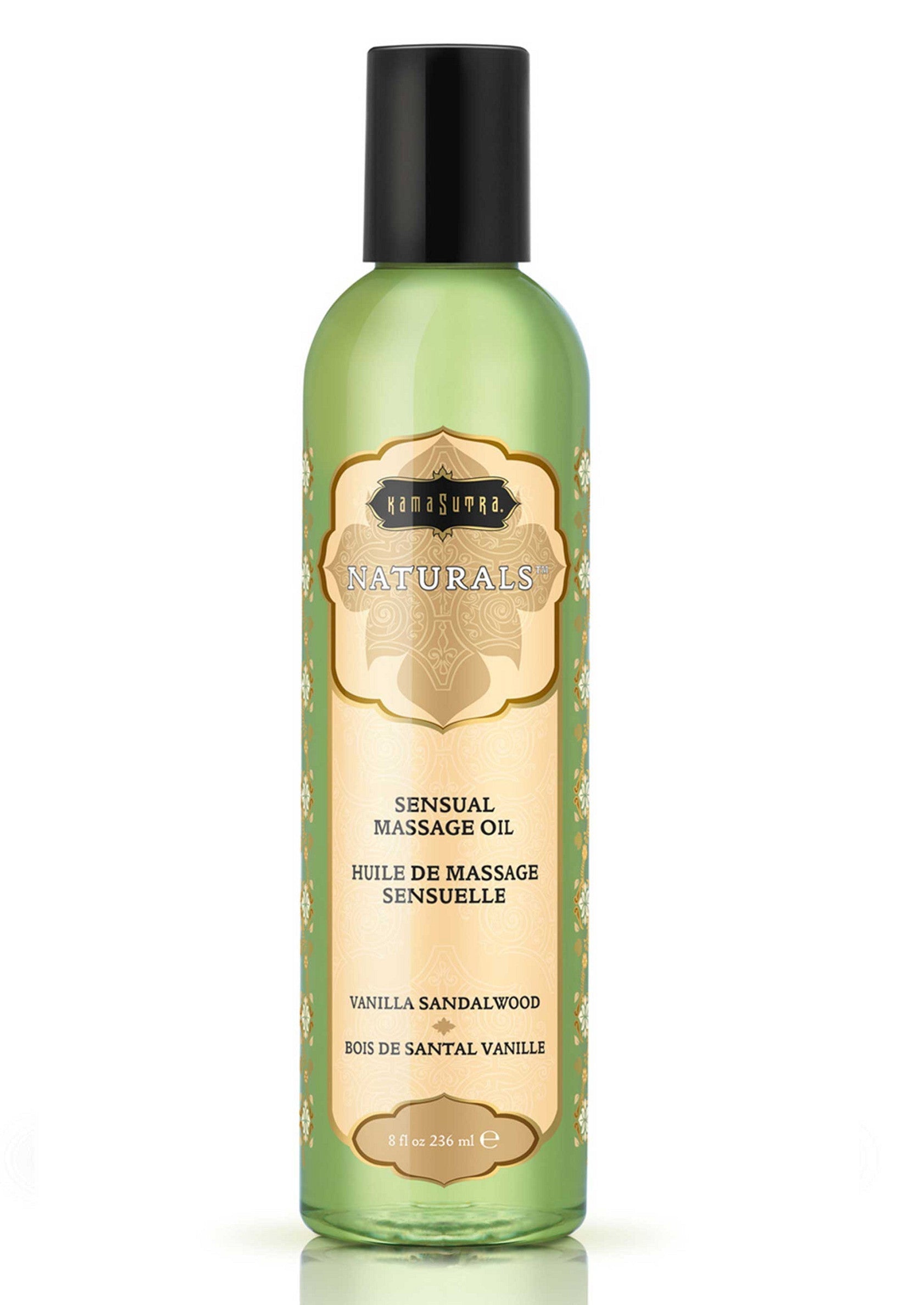 Huile de massage sensuelle Kama Sutra Naturals vanille et bois de santal pour un moment de détente et de plaisir.; Kama Sutra Naturals sensuele massageolie vanille en sandelhout voor een ontspannend en plezierig moment.; Kama Sutra Naturals sensual massage oil vanilla sandalwood for a relaxing and pleasurable moment.