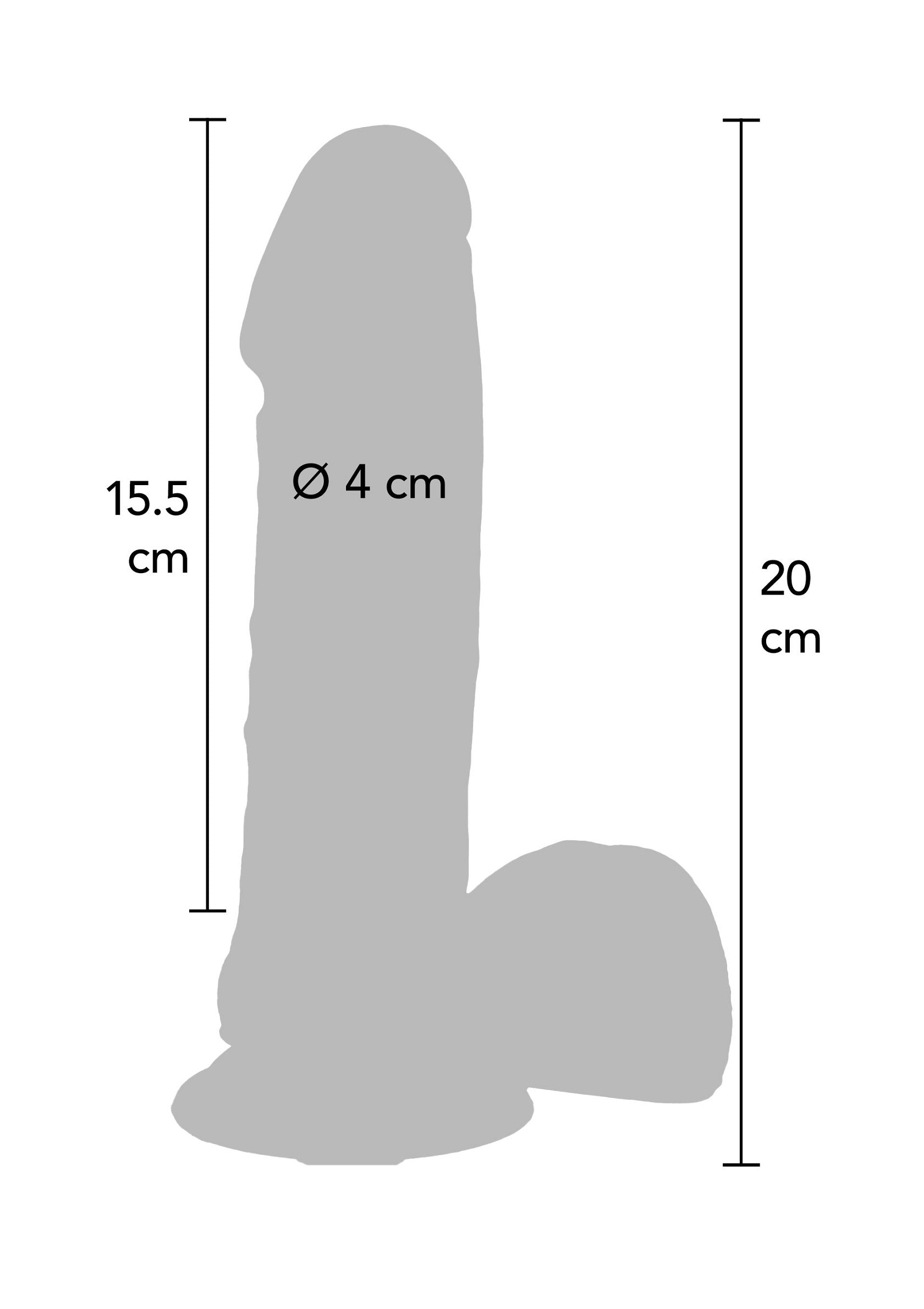 Diagramme d'un gode avec dimensions: 20 cm de long, 15.5 cm de haut et 4 cm de diamètre. Accessoire pour adultes.; Diagram van een dildo met afmetingen: 20 cm lang, 15.5 cm hoog en 4 cm diameter. Volwassen speeltje.; Diagram of a dildo with dimensions: 20 cm long, 15.5 cm high and 4 cm in diameter. Adult novelty item.