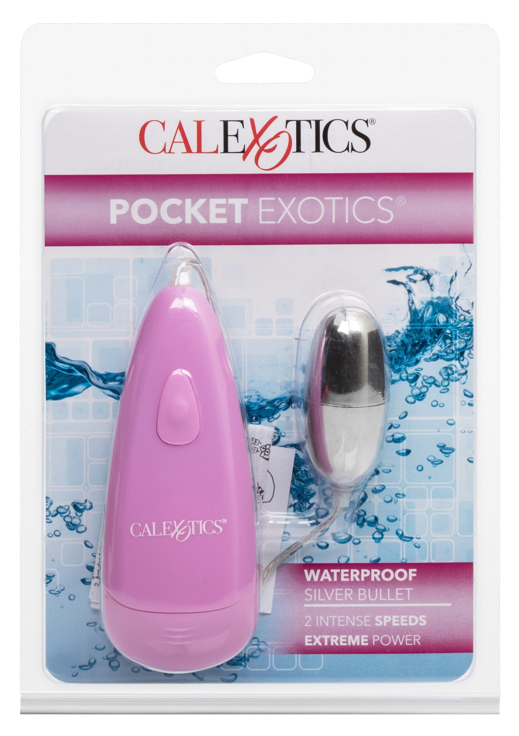 CalExotics Pocket Exotics, vibromasseur étanche rose et argent. 2 vitesses, puissance extrême.; CalExotics Pocket Exotics, waterdichte vibrator roze en zilver. 2 snelheden, extreme kracht.; CalExotics Pocket Exotics, waterproof vibrator in pink and silver. 2 speeds, extreme power.