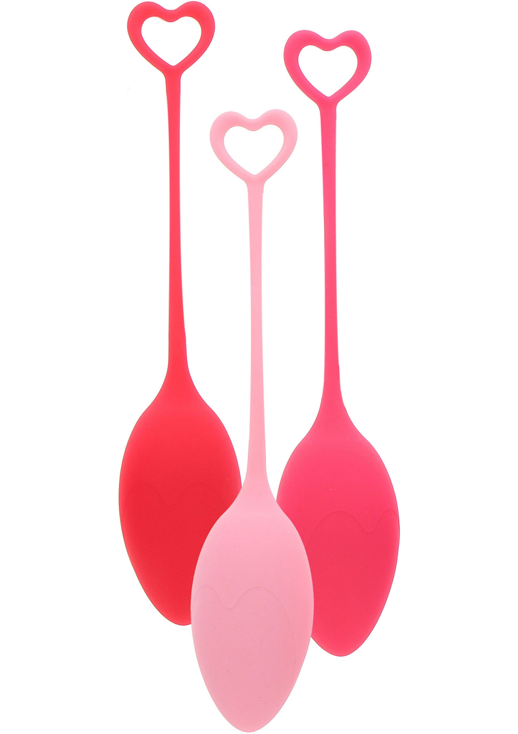 Oeufs de Yoni roses et rouges avec poignées en forme de coeur, accessoires pour le bien-être intime.; Roze en rode Yoni eieren met hartvormige handvatten, accessoires voor intiem welzijn.; Pink and red Yoni eggs with heart-shaped handles, accessories for intimate wellbeing.