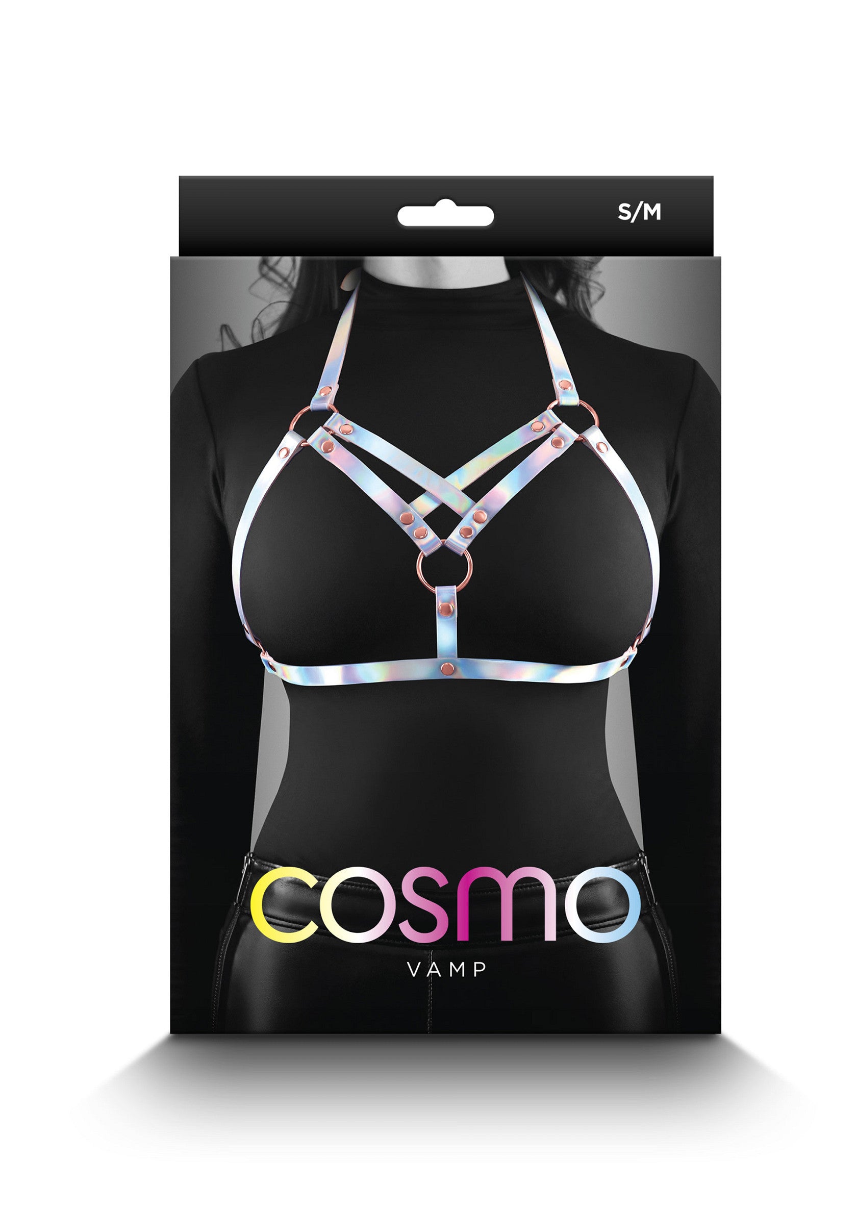 Harnais de corps 'Cosmo Vamp' coloré. Taille S/M. Accessoire de mode unique et audacieux.; Kleurrijk 'Cosmo Vamp' lichaamsharnas. Maat S/M. Uniek en gewaagd modeaccessoire.; Colorful 'Cosmo Vamp' body harness. Size S/M. Unique and daring fashion accessory.