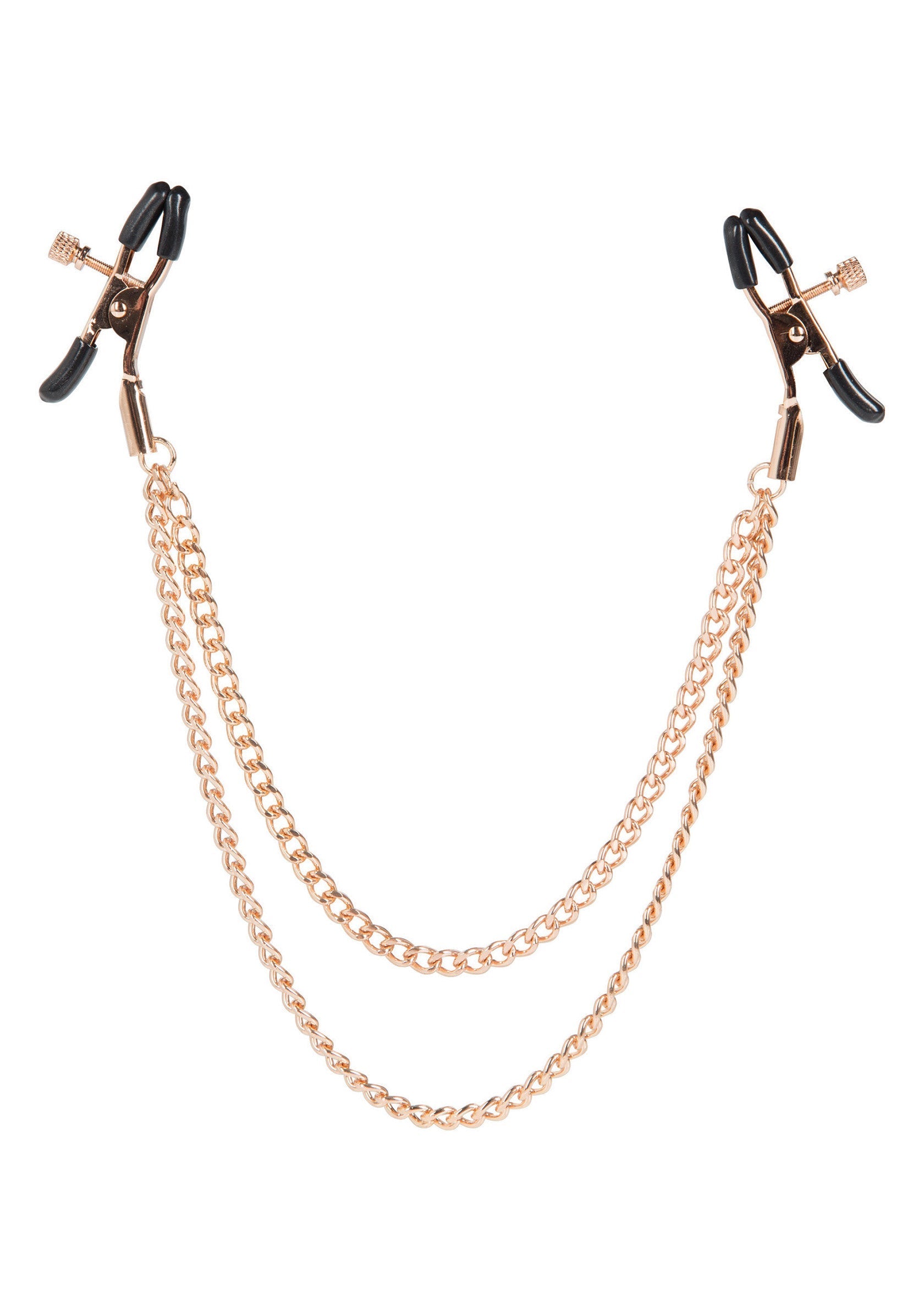 Pinces à tétons dorées avec chaînes. Accessoires coquins pour pimenter votre vie amoureuse.; Gouden tepelklemmen met kettingen. Speelse accessoires om uw liefdesleven mee op te fleuren.; Gold nipple clamps with chains. Playful accessories to spice up your love life.