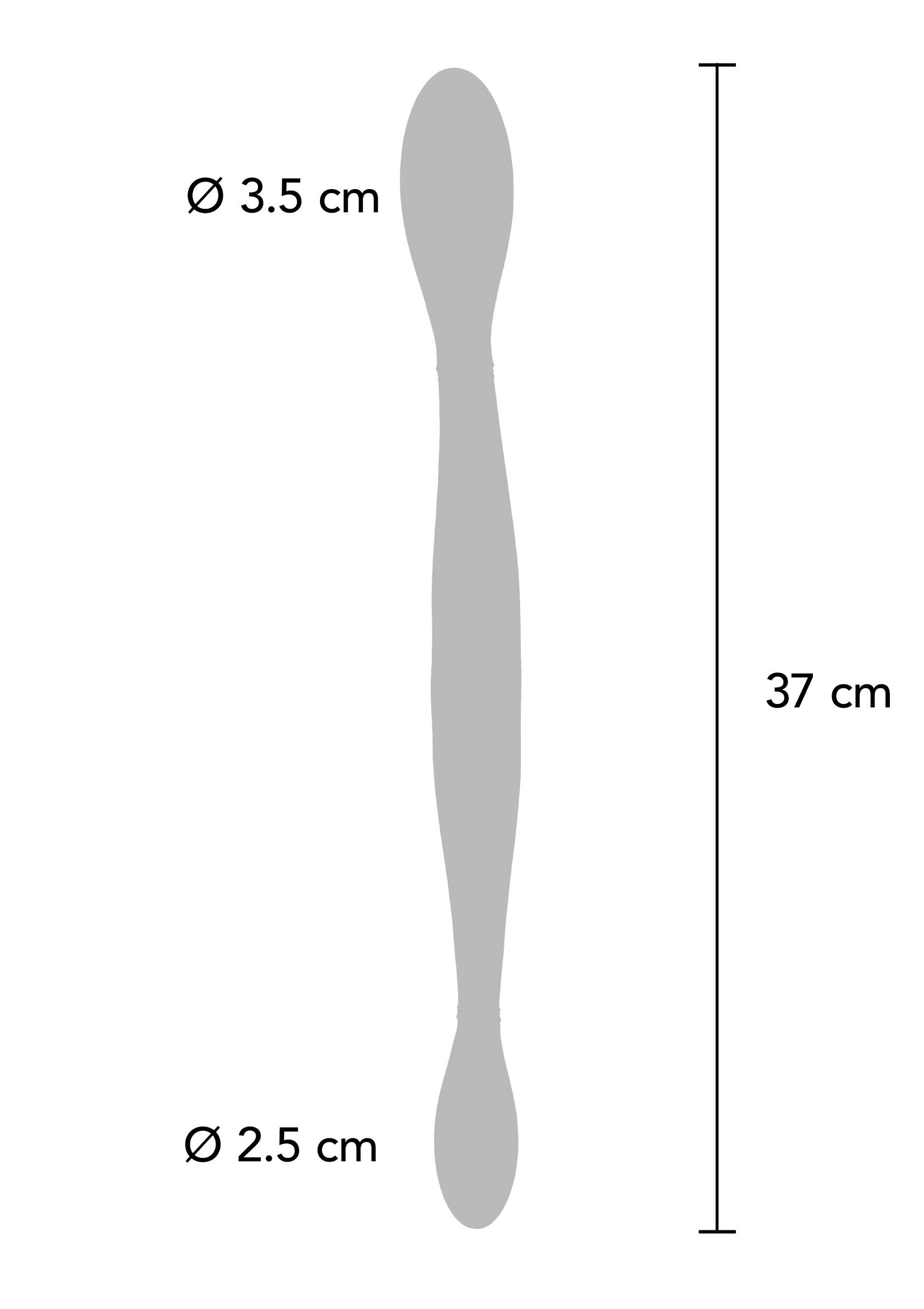Dimensions détaillées d'un outil de jardinage : 37 cm de long, extrémités de 3,5 et 2,5 cm de diamètre.; Gedetailleerde afmetingen tuingereedschap: 37 cm lang, uiteinden van 3,5 en 2,5 cm diameter.; Detailed dimensions of gardening tool: 37 cm long, ends of 3.5 and 2.5 cm diameter.