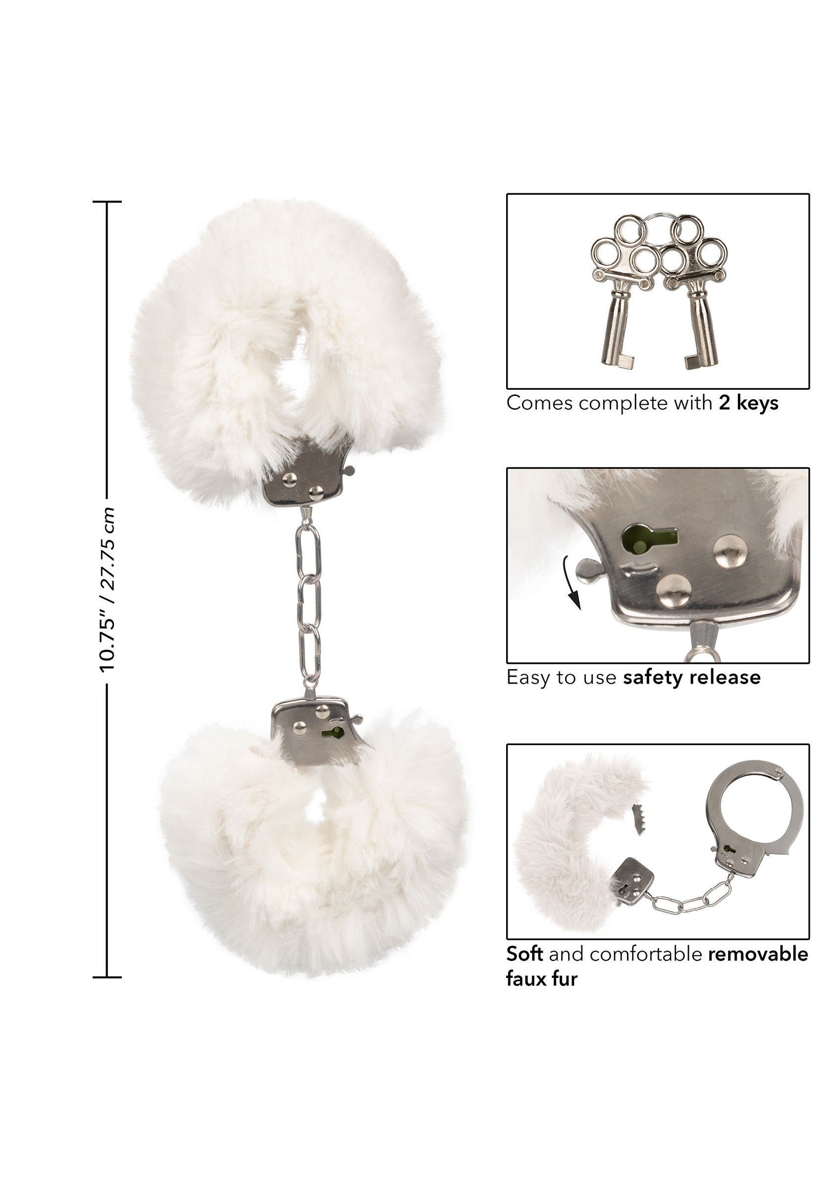 Menottes blanches en fausse fourrure, douces et confortables avec clés et sécurité.; Witte, zachte, comfortabele pluche handboeien met sleutels en veiligheidssluiting.; White, soft, comfortable faux fur handcuffs with keys and safety release.