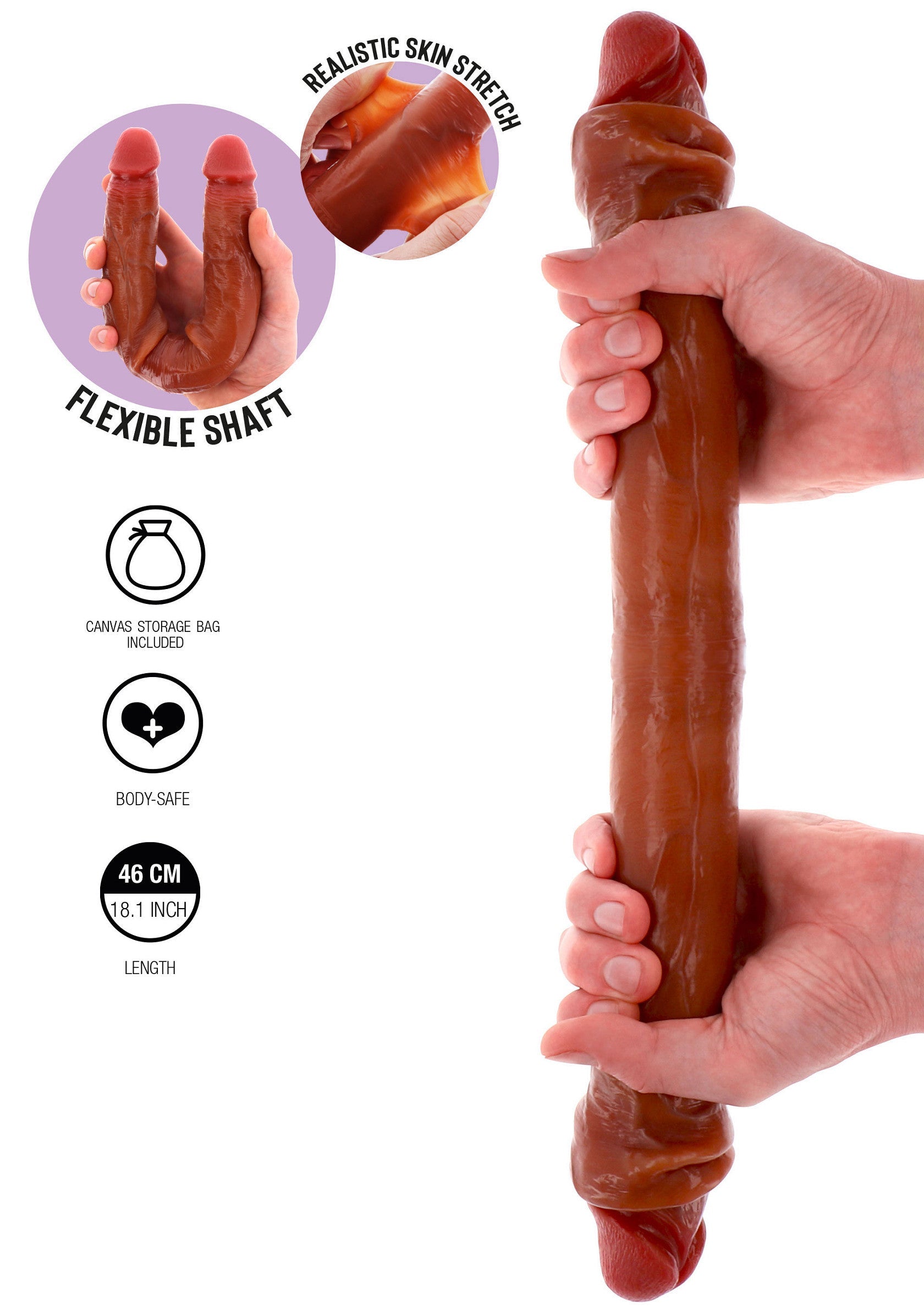 Godemiché réaliste de 46cm avec enveloppe étirable pour une sensation authentique. Flexible et sûr pour le corps.; Realistische dildo van 46 cm met rekbare hoes voor een authentiek gevoel. Flexibel en veilig voor het lichaam.; Realistic 46cm dildo with stretchable skin for an authentic feel. Flexible shaft, body-safe material, and canvas storage bag included.