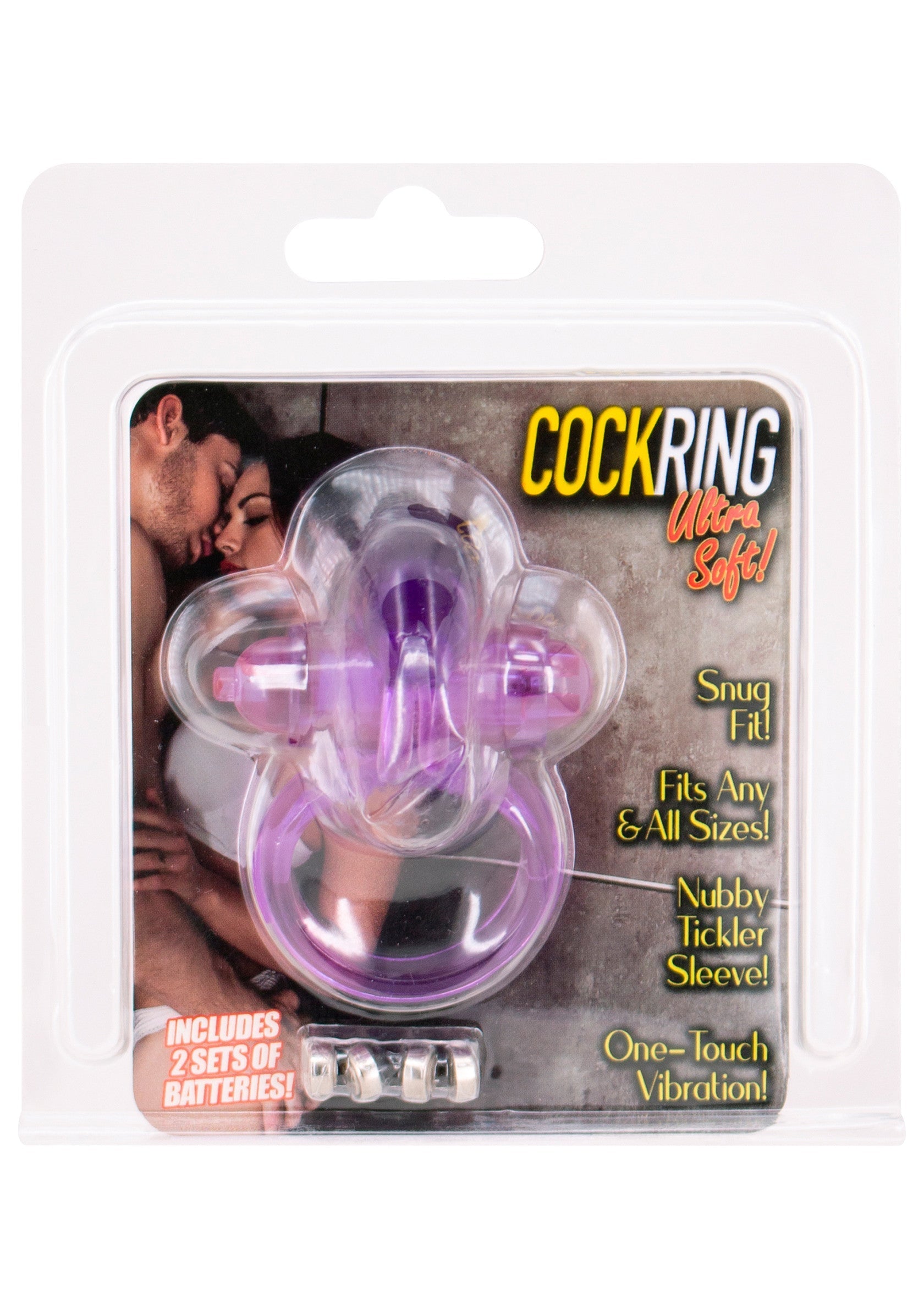 Cockring vibrant en forme de tétine. S'adapte à toutes les tailles, vibrations activables d'une seule touche. Inclut les piles.; Vibrerende cockring in fopspeen vorm. Past op alle maten, vibratie met één aanraking. Inclusief batterijen.; Vibrating cock ring in pacifier shape. Fits all sizes, one-touch vibration. Batteries included.