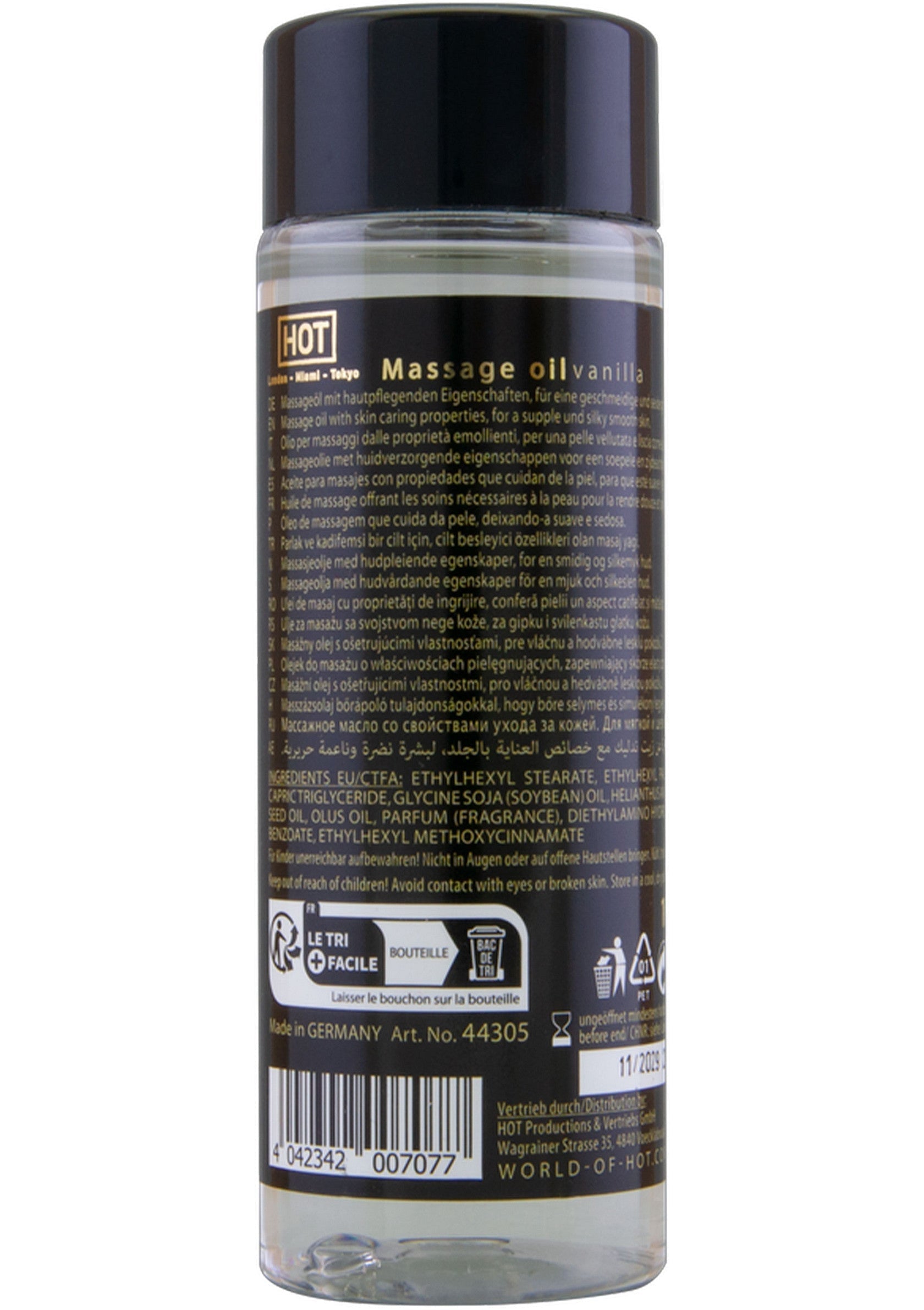 Huile de massage HOT vanille pour une peau douce et soyeuse. Détente et plaisir garantis. ; HOT massageolie vanille voor een zachte en soepele huid. Ontspanning en genot gegarandeerd.; HOT vanilla massage oil for soft, smooth skin. Relax and enjoy with this sensual massage oil.