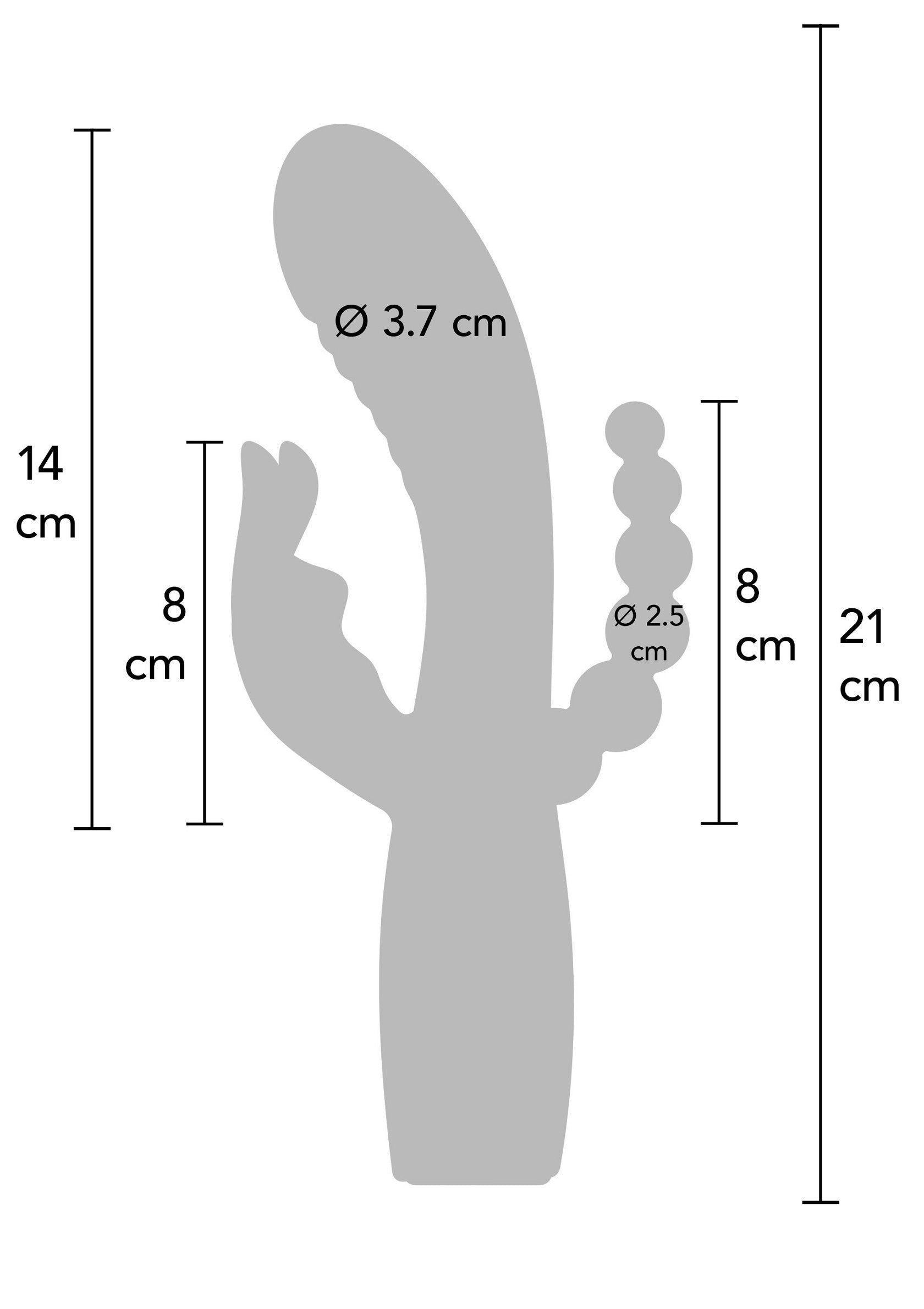 Schéma des dimensions d'un sextoy vibrant avec embout, stimulateur clitoridien et boules anales.; Diagram met afmetingen van een vibrerende seksspeeltje met punt, clitorisstimulator en anale balletjes.; Diagram of a vibrating sex toy with a tip, clitoral stimulator, and anal beads, showing dimensions.