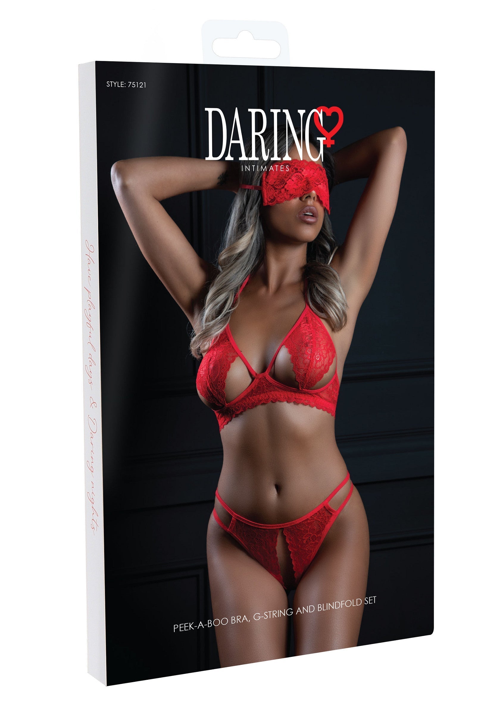 Ensemble lingerie rouge "Daring Intimates" avec soutien-gorge peek-a-boo, string et bandeau pour les yeux.; Rode lingerie set "Daring Intimates" met peek-a-boo beha, string en blinddoek.; Red "Daring Intimates" lingerie set with peek-a-boo bra, G-string, and blindfold.