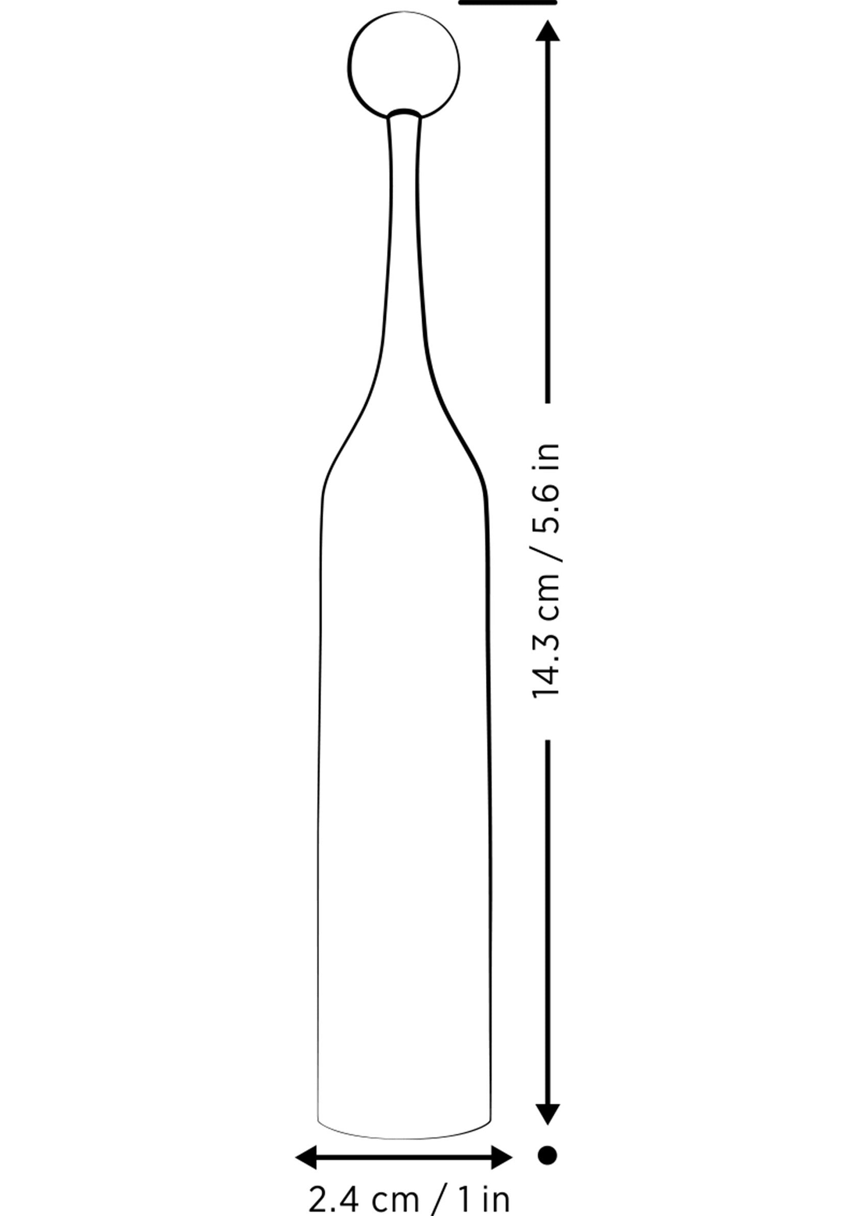 Schéma d'un flacon avec une boule, dimensions indiquées: 14.3cm/5.6in de haut, 2.4cm/1in de large.; Diagram van een flesje met een bal, afmetingen aangegeven: 14.3cm/5.6in hoog, 2.4cm/1in breed.; Diagram of a bottle with a ball, dimensions indicated: 14.3cm/5.6in tall, 2.4cm/1in wide.