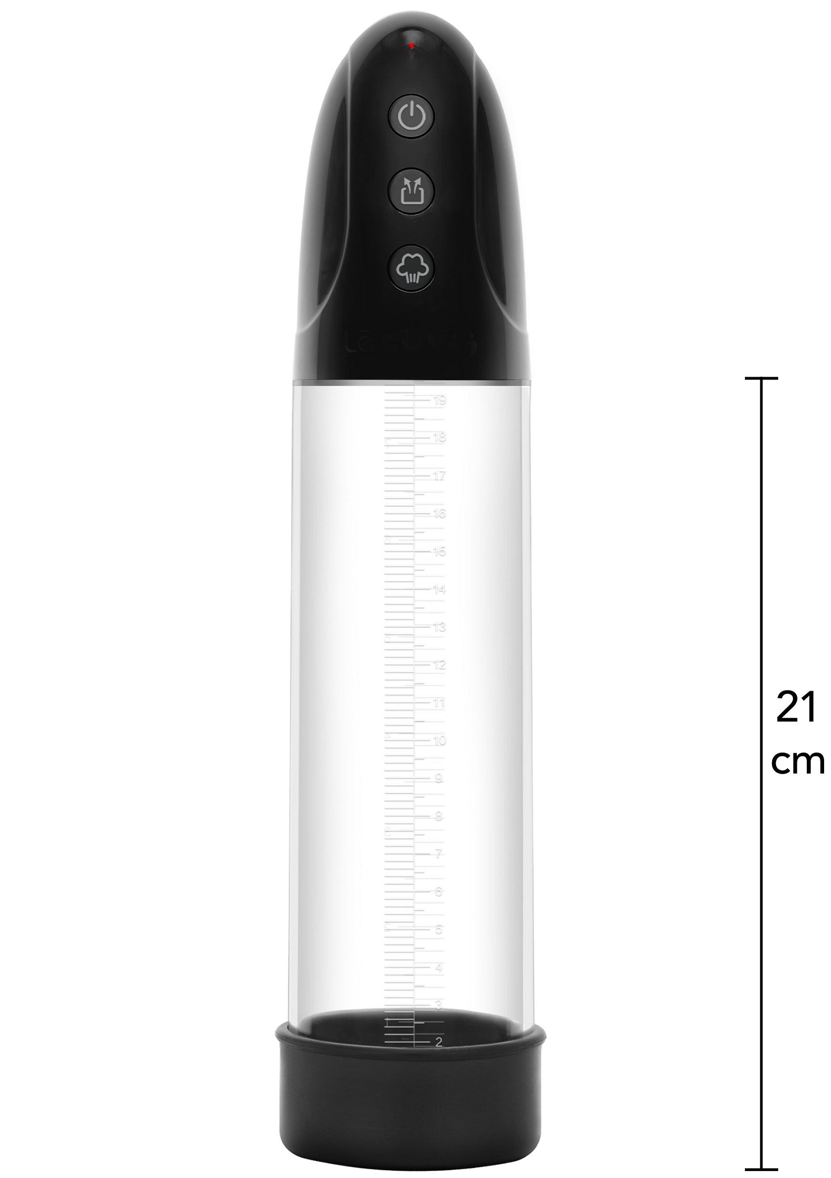 Pompe à pénis électrique avec cylindre transparent et graduations, pour des résultats visibles. 21cm.; Elektrische penis pomp met transparante cilinder en schaalverdeling, voor zichtbare resultaten. 21cm.; Electric penis pump with transparent cylinder and graduations, for visible results. 21cm.