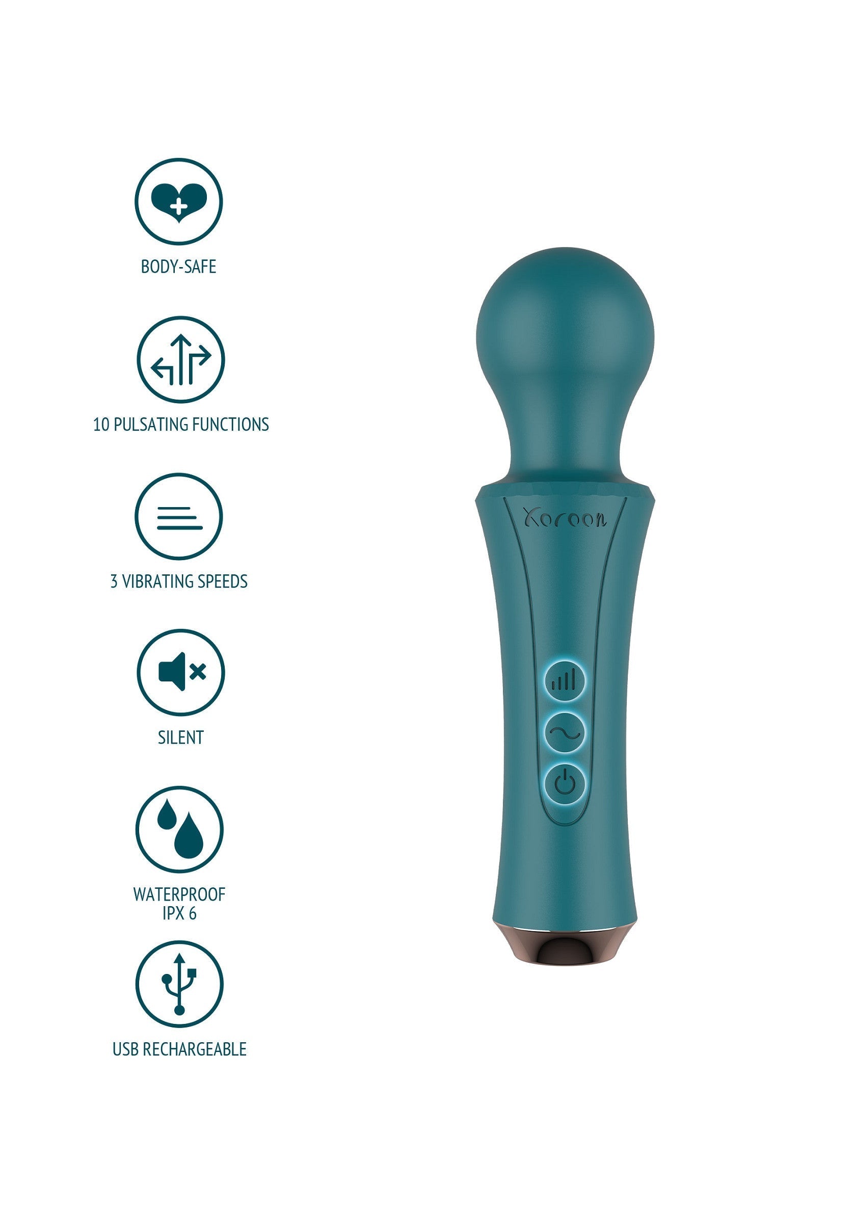 Masseur vibrant Xorona, étanche et rechargeable par USB. 10 modes de pulsations, 3 vitesses. Sûr pour le corps et silencieux.; Xorona vibrerende massager, waterdicht en USB oplaadbaar. 10 pulsaties, 3 snelheden. Lichaamsveilig en stil.; Xorona vibrating massager, waterproof & USB rechargeable. 10 pulsation modes, 3 speeds. Body-safe & silent.
