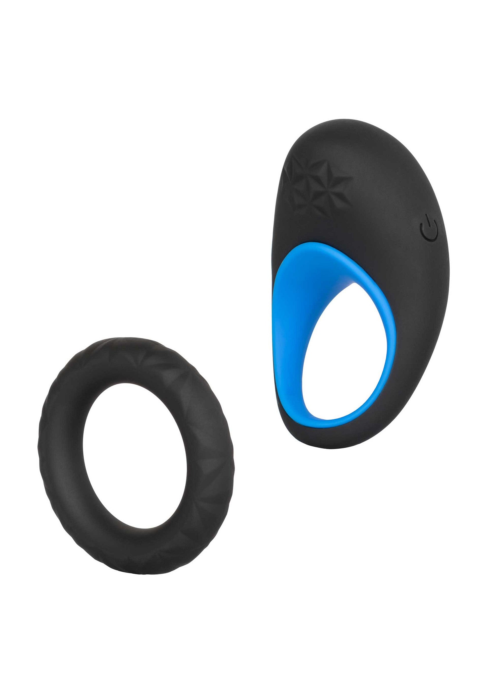 Anneau vibrant noir et bleu pour hommes, pour un plaisir intense et une performance accrue.; Zwarte en blauwe vibrerende penisring voor mannen, voor intens genot en verbeterde prestaties.; Black and blue vibrating cock ring for men, for intense pleasure and enhanced performance.
