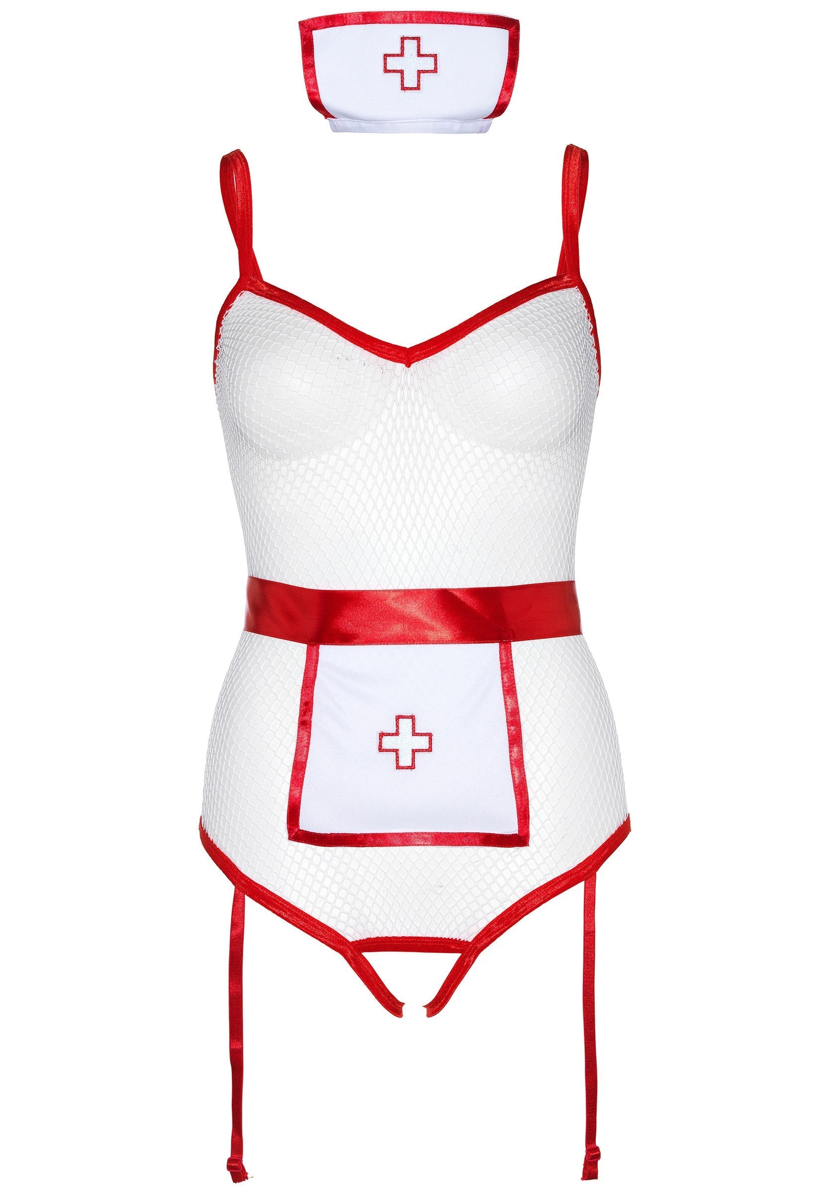 Déguisement d'infirmière sexy blanc et rouge avec croix. Tenue coquine pour adultes avec porte-jarretelles et coiffe assortie.; Sexy verpleegster kostuum wit en rood met kruis. Speelse outfit voor volwassenen met jarretels en bijpassende hoofddeksel.; Sexy nurse costume white and red with cross. Playful adult outfit with suspenders and matching headpiece.