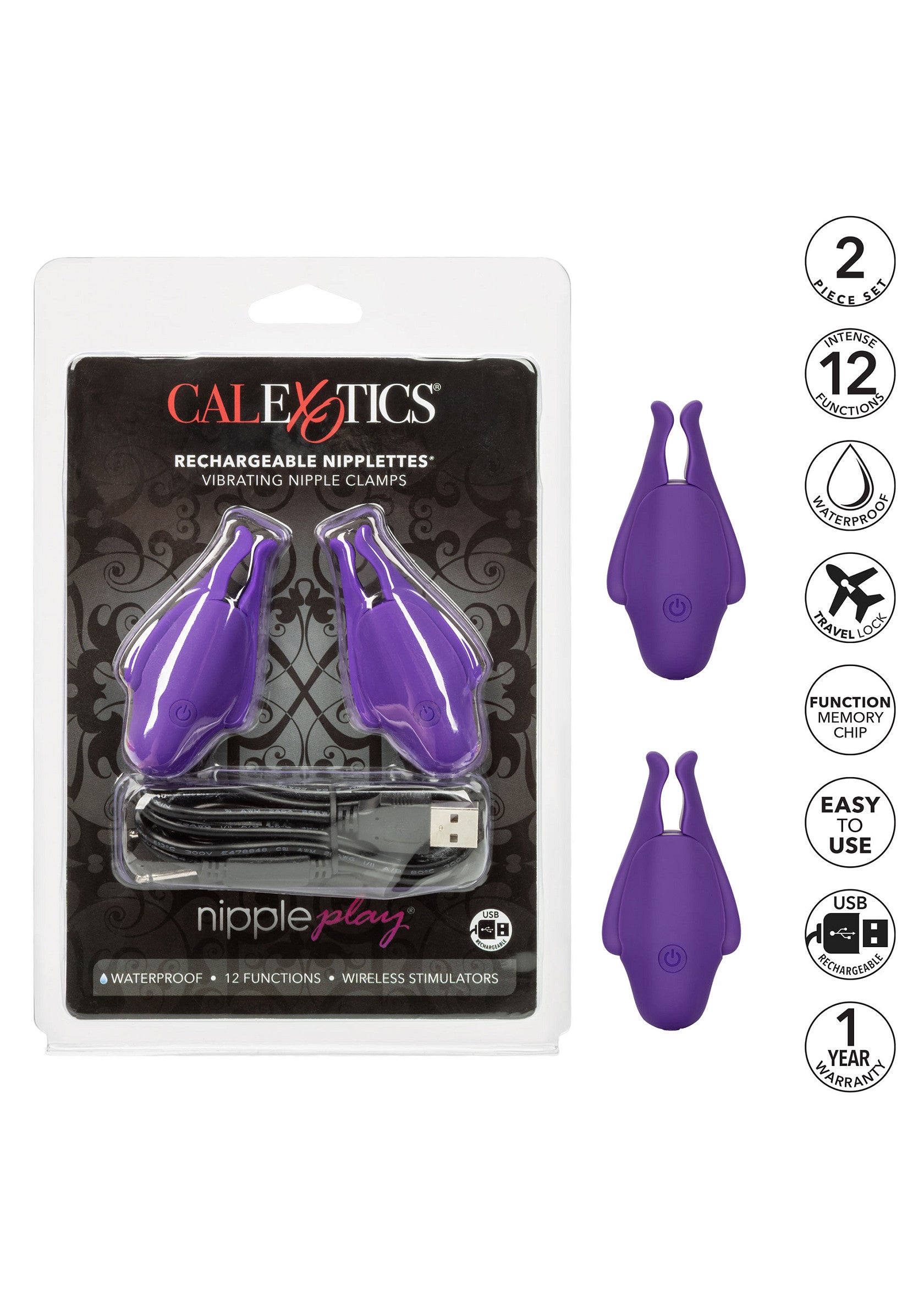 Pinces à tétons vibrantes rechargeables CalExotics Nipple Play. Stimulateurs sans fil étanches avec 12 fonctions pour un plaisir intense.; CalExotics Nipple Play oplaadbare vibrerende tepelklemmen. Waterdichte draadloze stimulators met 12 functies voor intens plezier.; CalExotics Nipple Play rechargeable vibrating nipple clamps. Waterproof, wireless stimulators with 12 functions for intense pleasure.