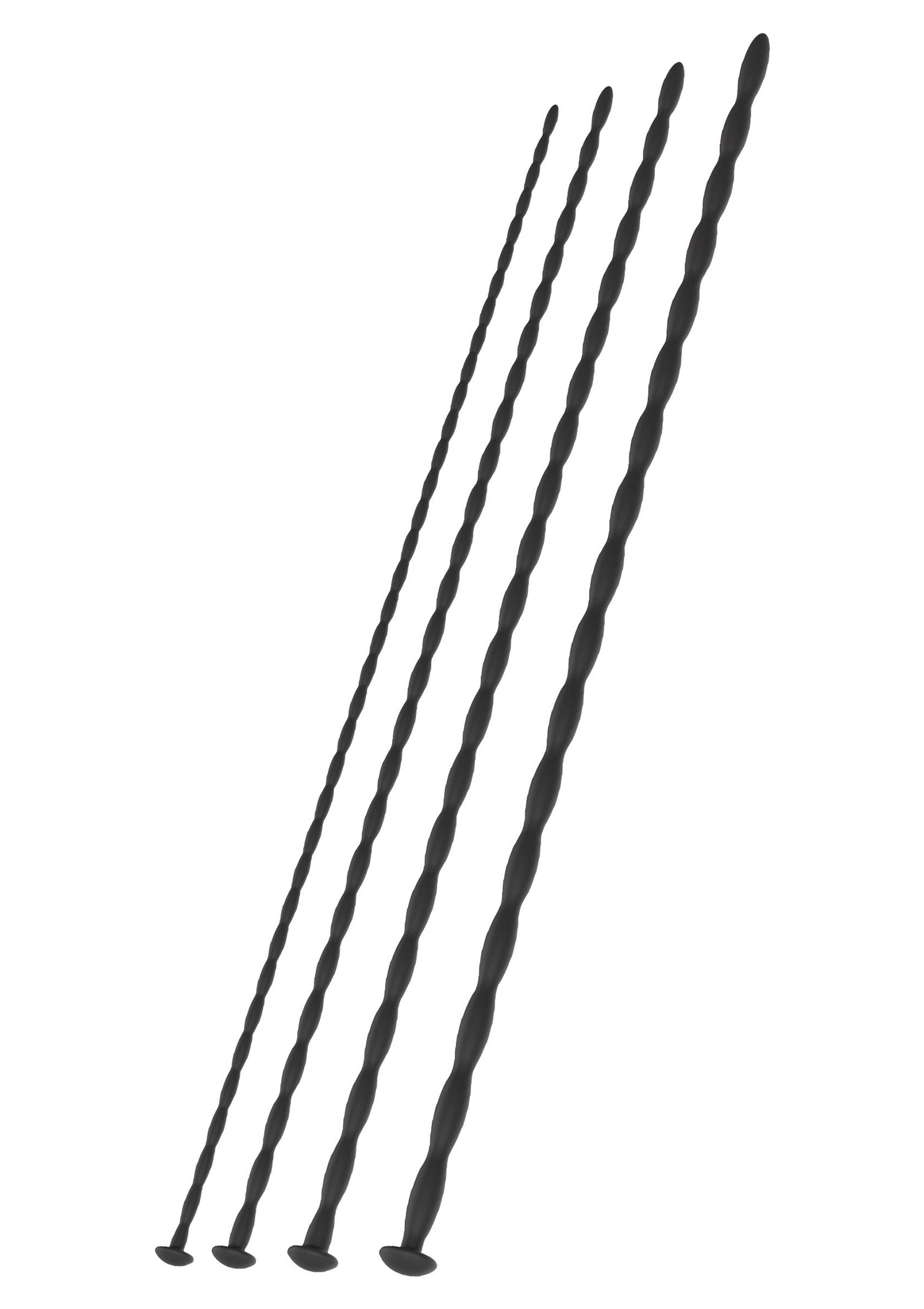 Ensemble de dilatateurs urétraux torsadés noirs pour une exploration en douceur.; Set van zwarte gedraaide urethra dilatators voor een zachte verkenning.; Set of black twisted urethral dilators for gentle exploration.