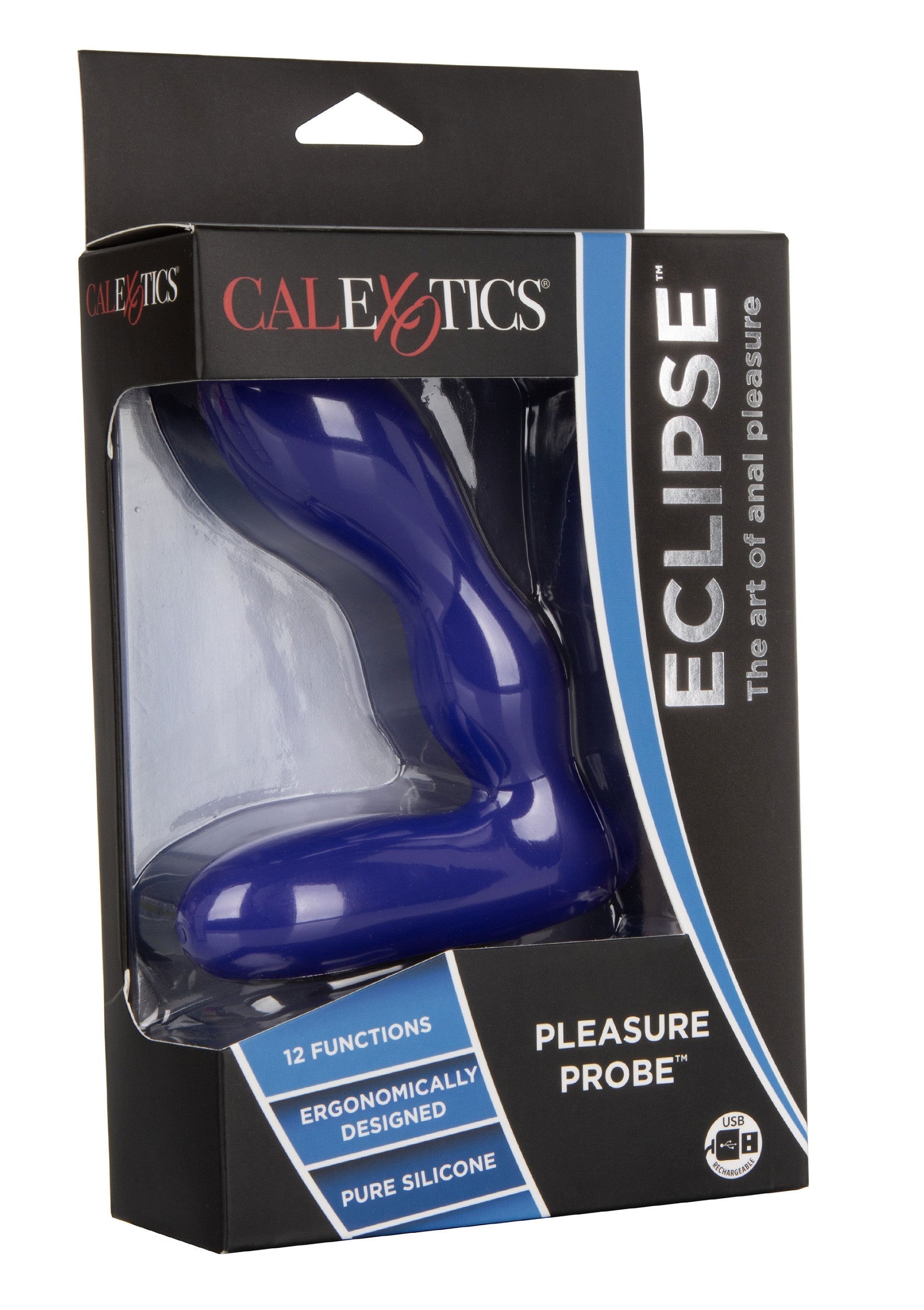 Sonde anale Eclipse de CalExotics. Sonde de plaisir bleue en silicone, avec 12 fonctions. Conçue de façon ergonomique. ; CalExotics Eclipse Pleasure Probe. Blauwe siliconen anale sonde met 12 functies. Ergonomisch ontworpen. ; CalExotics Eclipse Pleasure Probe. Blue silicone anal probe with 12 functions. Ergonomically designed.