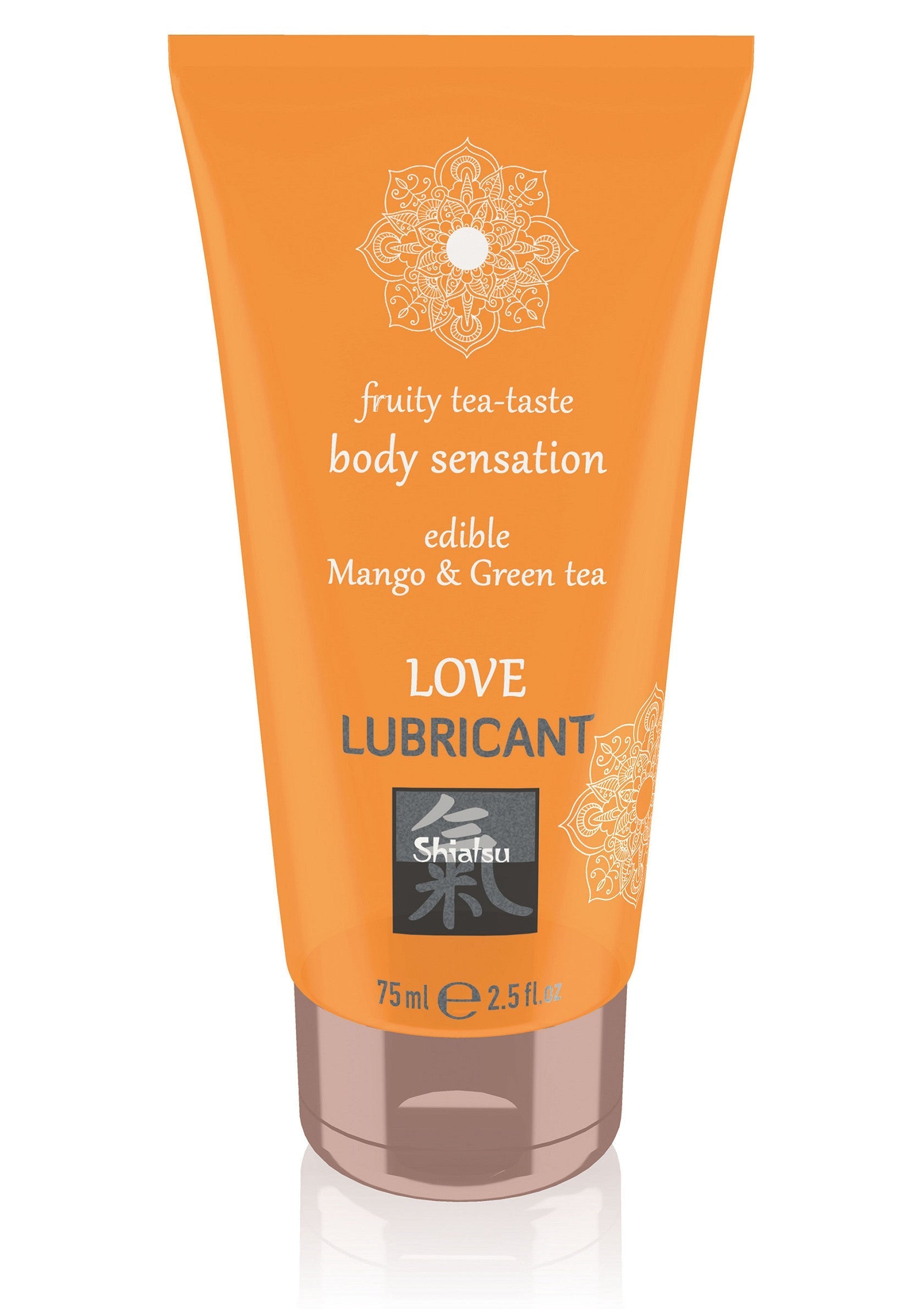 Lubrifiant comestible Love Shiatsu, goût thé fruité mangue et thé vert pour des sensations gourmandes.; Eetbare Love Shiatsu glijmiddel, fruitige thee-smaak met mango & groene thee voor heerlijke sensaties.; Edible Love Shiatsu lubricant, fruity tea taste with mango & green tea for delicious body sensations.