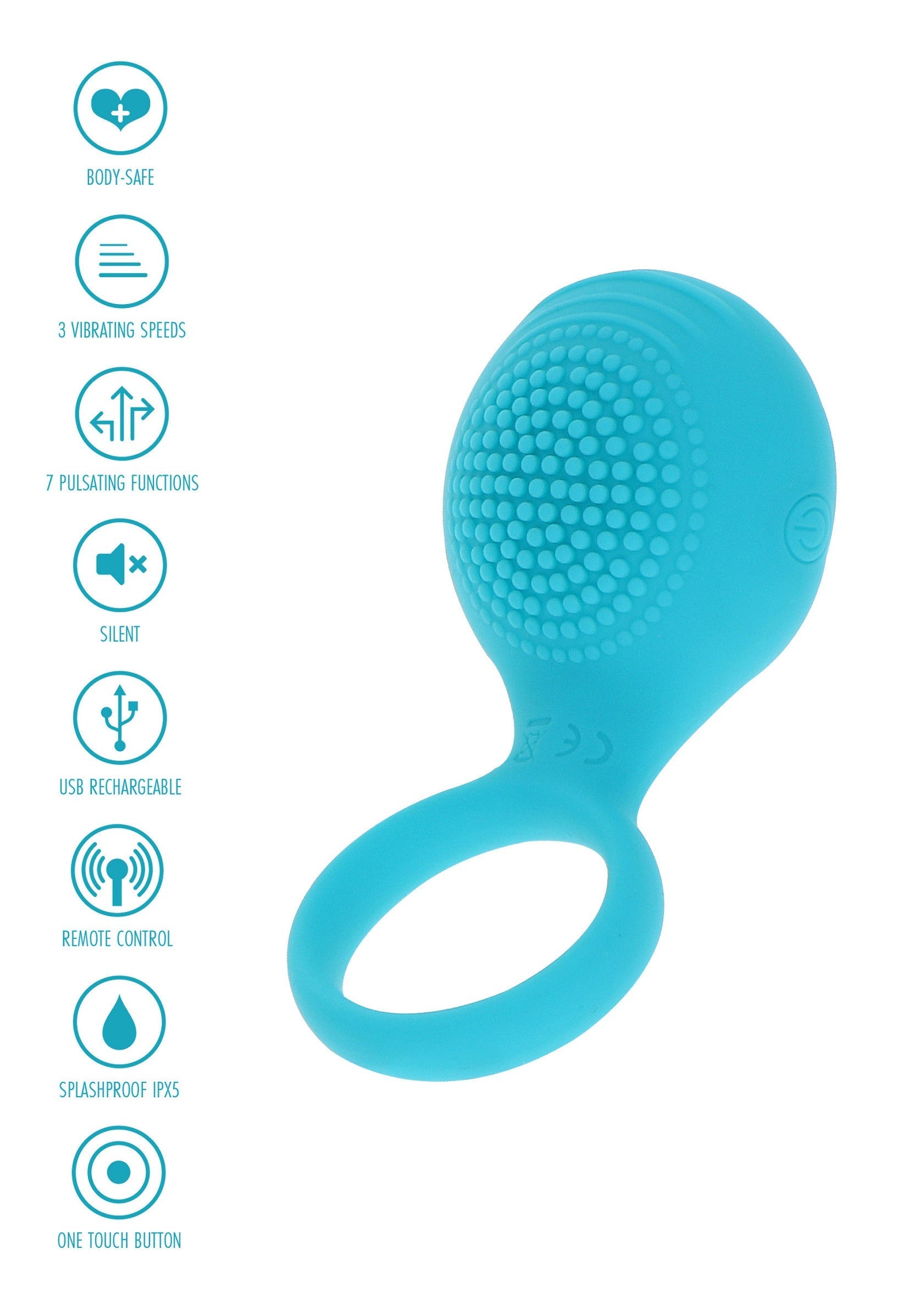 Masseur personnel vibrant turquoise, sûr pour le corps, rechargeable USB, étanche aux éclaboussures.; Turquoise vibrerende persoonlijke stimulator, veilig voor het lichaam, USB oplaadbaar, spatwaterdicht.; Turquoise vibrating personal massager, body-safe, USB rechargeable, splashproof.
