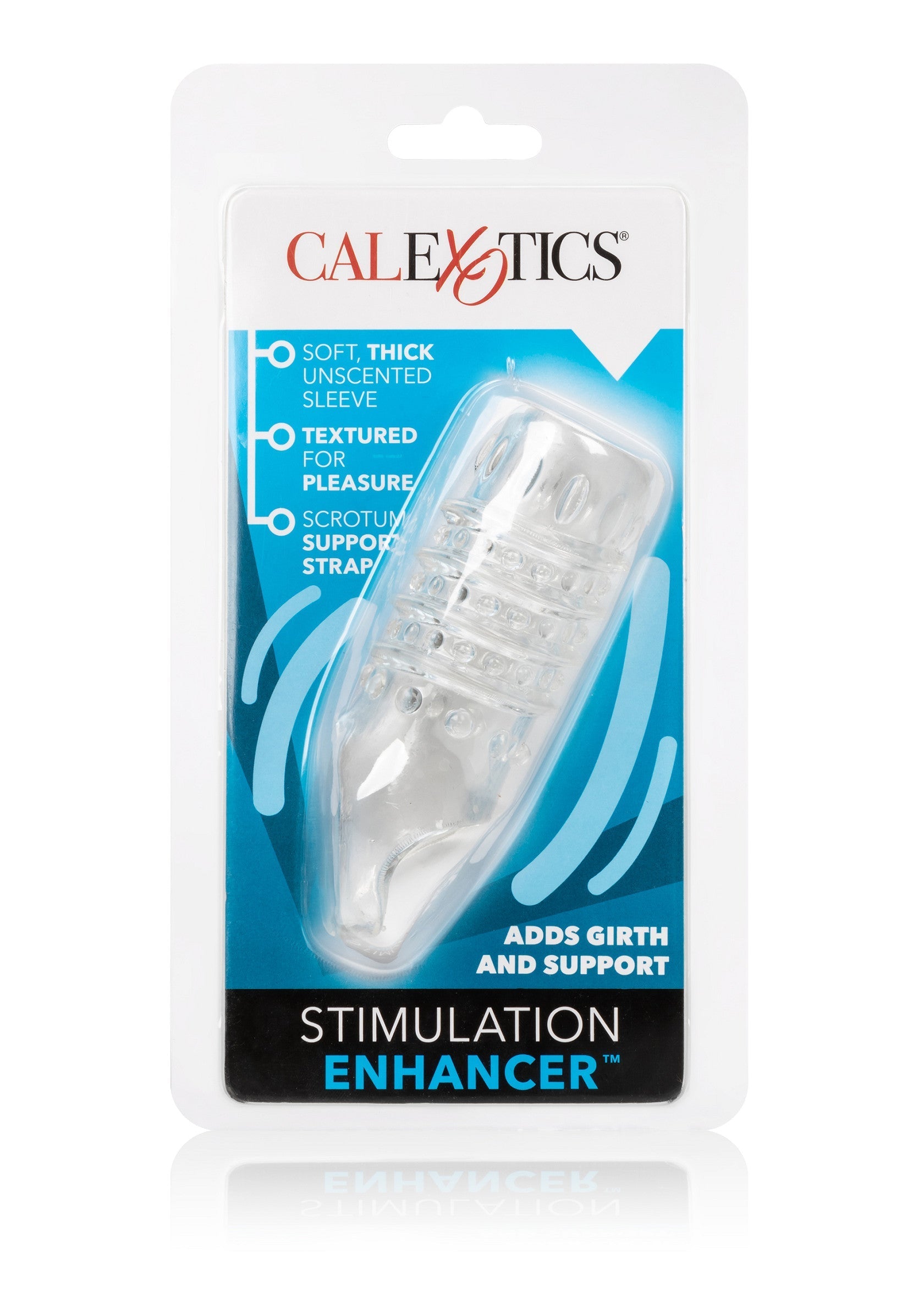 Manchon pénien CalExotics Stimulation Enhancer pour plus de plaisir et de soutien. Augmente la circonférence. Texturé.; CalExotics Stimulation Enhancer penis sleeve voor extra plezier en ondersteuning. Verhoogt de omtrek. Getextureerd.; CalExotics Stimulation Enhancer penis sleeve for extra pleasure and support. Adds girth. Textured.