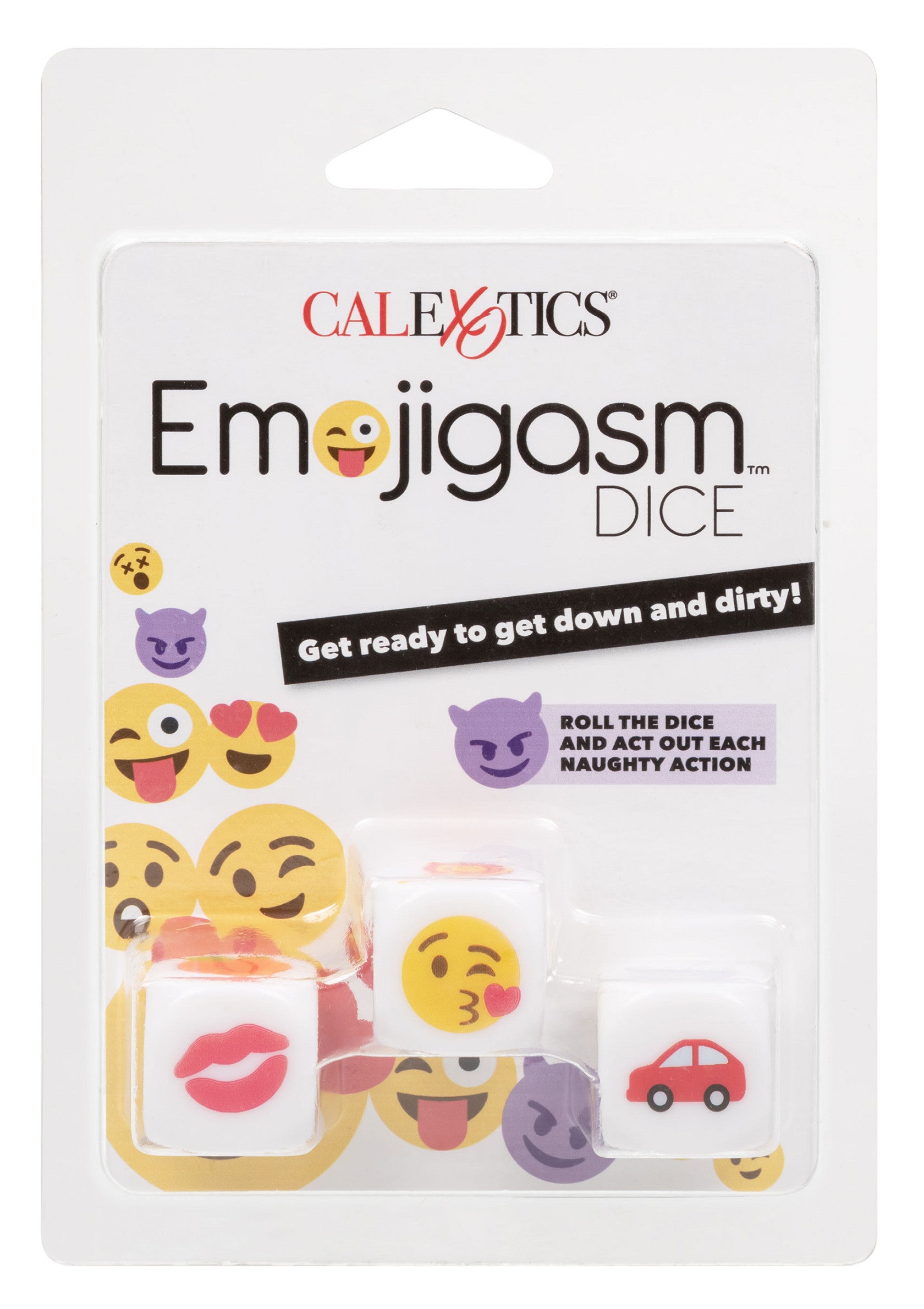 CalExotics Emojigasm Dice : des dés coquins pour un jeu de rôle emoji plein de fun et de fantaisie érotique.; CalExotics Emojigasm Dice: ondeugende dobbelstenen voor een leuke, erotisch fantasierijk emoji-rollenspel.; CalExotics Emojigasm Dice: Naughty dice for a fun, erotically imaginative emoji role-playing game.