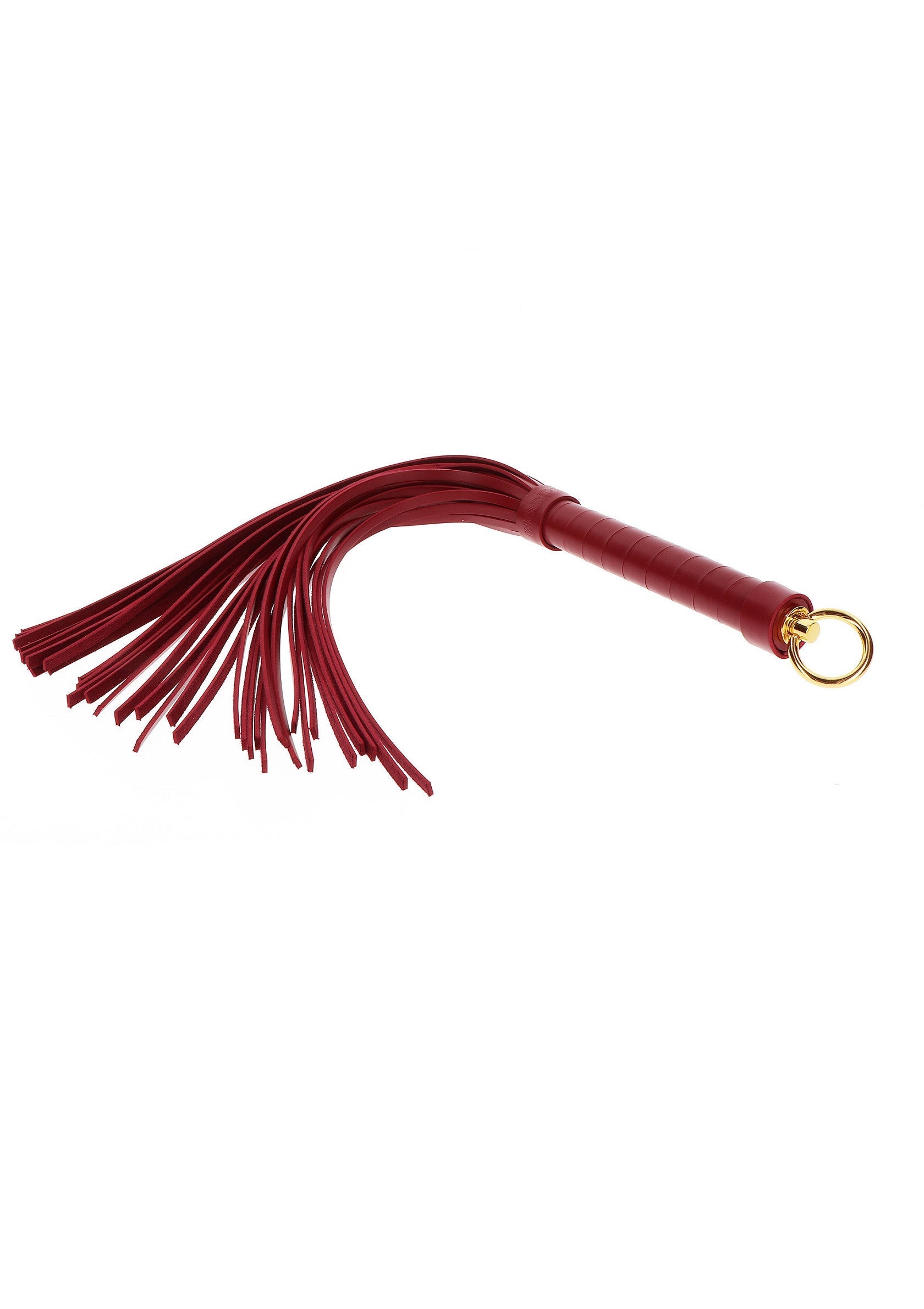 Cravache rouge en cuir pour jeux coquins. Accessoire de séduction et de plaisir.; Rode leren zweep voor ondeugende spelletjes. Accessoire voor verleiding en plezier.; Red leather flogger for kinky games. Accessory for seduction and pleasure.
