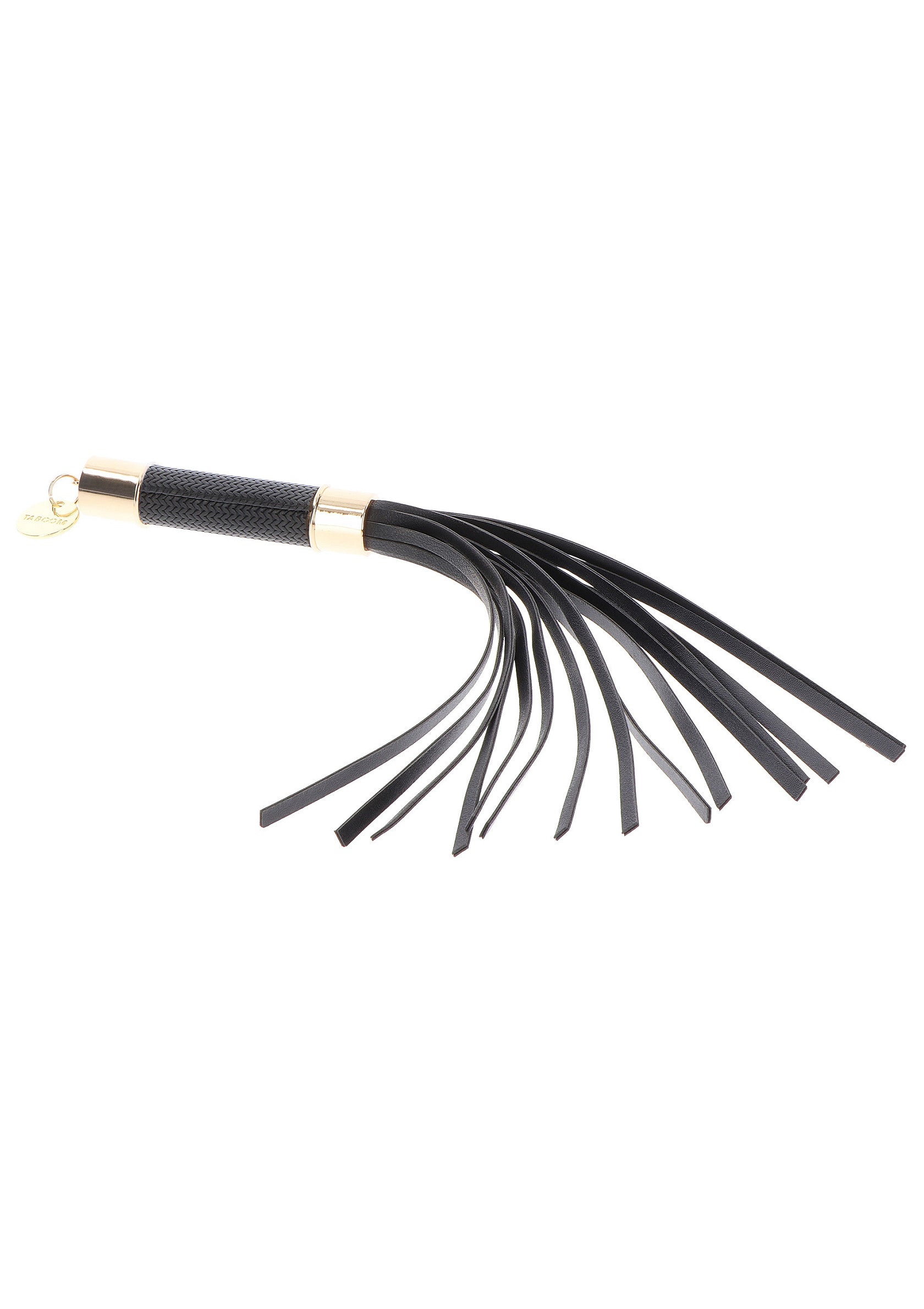 Cravache noire élégante avec manche texturé et franges en cuir. Accessoire de jeu de rôle sophistiqué.; Elegante zwarte zweep met getextureerd handvat en leren franjes. Verfijnde rollenspel accessoire.; Elegant black flogger with textured handle and leather fringe. Sophisticated roleplay accessory.