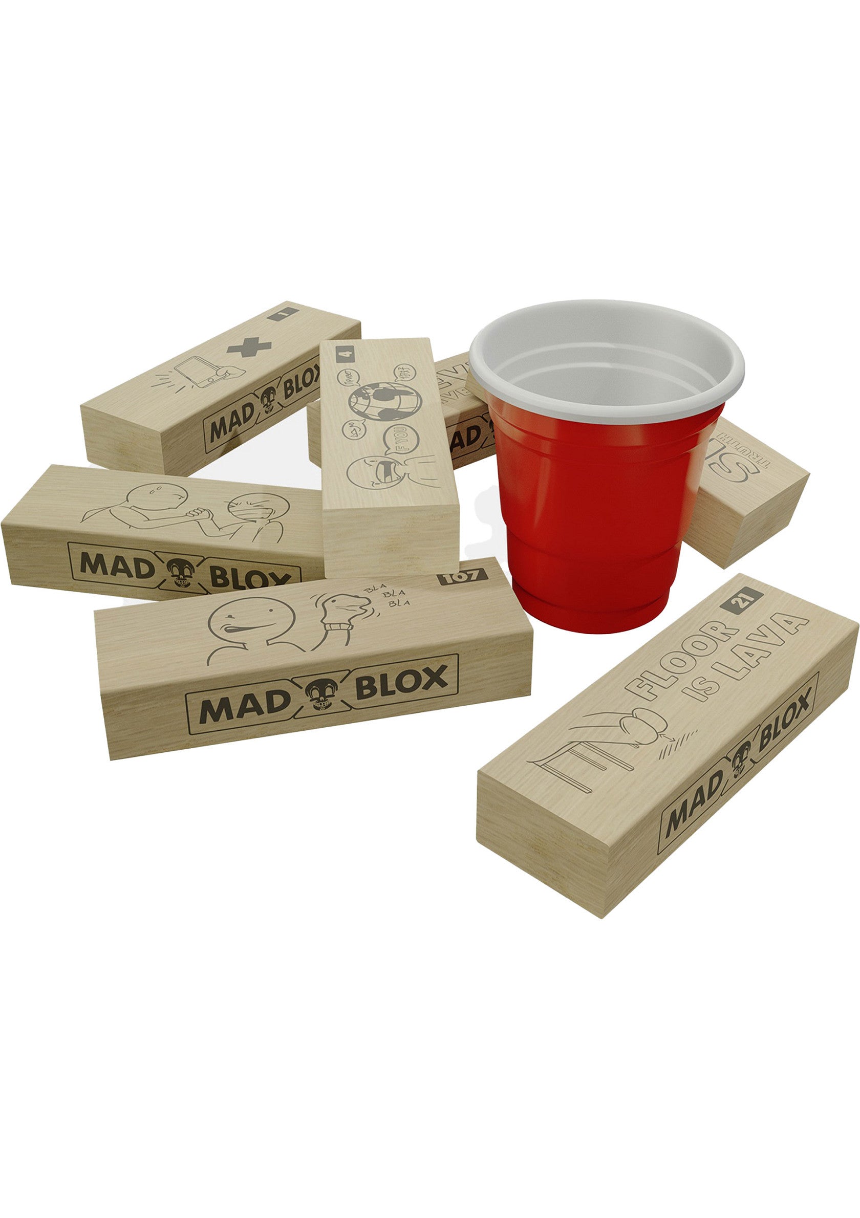 Jeu de société Mad Blox avec un gobelet rouge, parfait pour les soirées jeux et les fêtes.; Mad Blox gezelschapsspel met een rode beker, perfect voor spelletjesavonden en feestjes.; Mad Blox party game with red cup, perfect for game nights and parties.