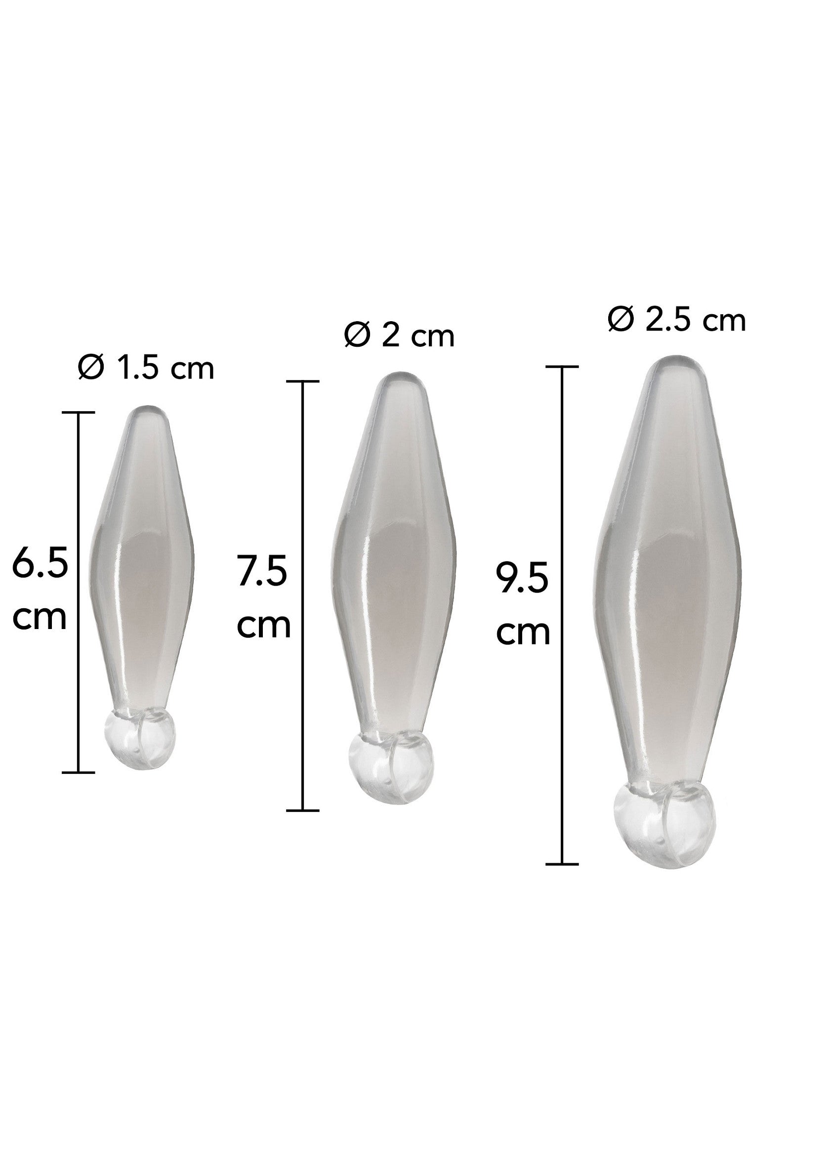 Ensemble de 3 boules vaginales translucides de tailles différentes avec des dimensions marquées.; Set van 3 doorschijnende vaginale ballen in verschillende maten met afmetingen.; Set of 3 translucent vaginal balls in different sizes with dimensions marked.