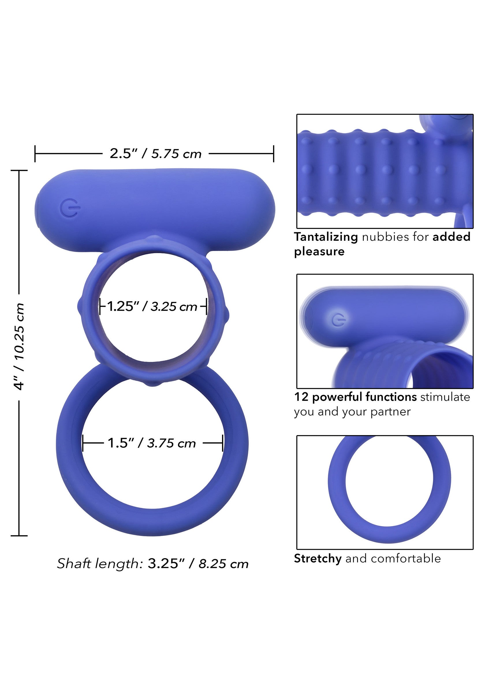 Anneau vibrant bleu pour le pénis, extensible et confortable, pour plus de plaisir et de stimulation.; Blauwe vibrerende penisring, rekbaar en comfortabel, voor meer plezier en stimulatie.; Blue vibrating cock ring, stretchy and comfortable, for added pleasure and stimulation.