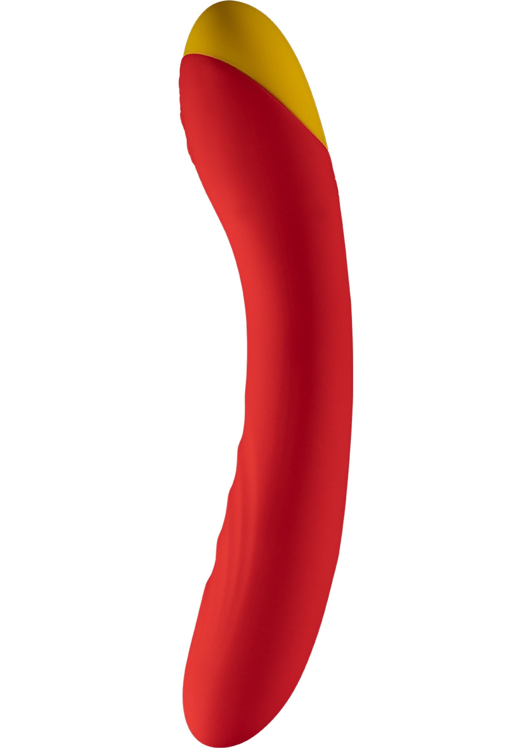Vibromasseur incurvé rouge et jaune pour adultes, plaisir garanti.; Rode en gele gebogen vibrator voor volwassenen, gegarandeerd plezier.; Red and yellow curved vibrator for adults, guaranteed pleasure.