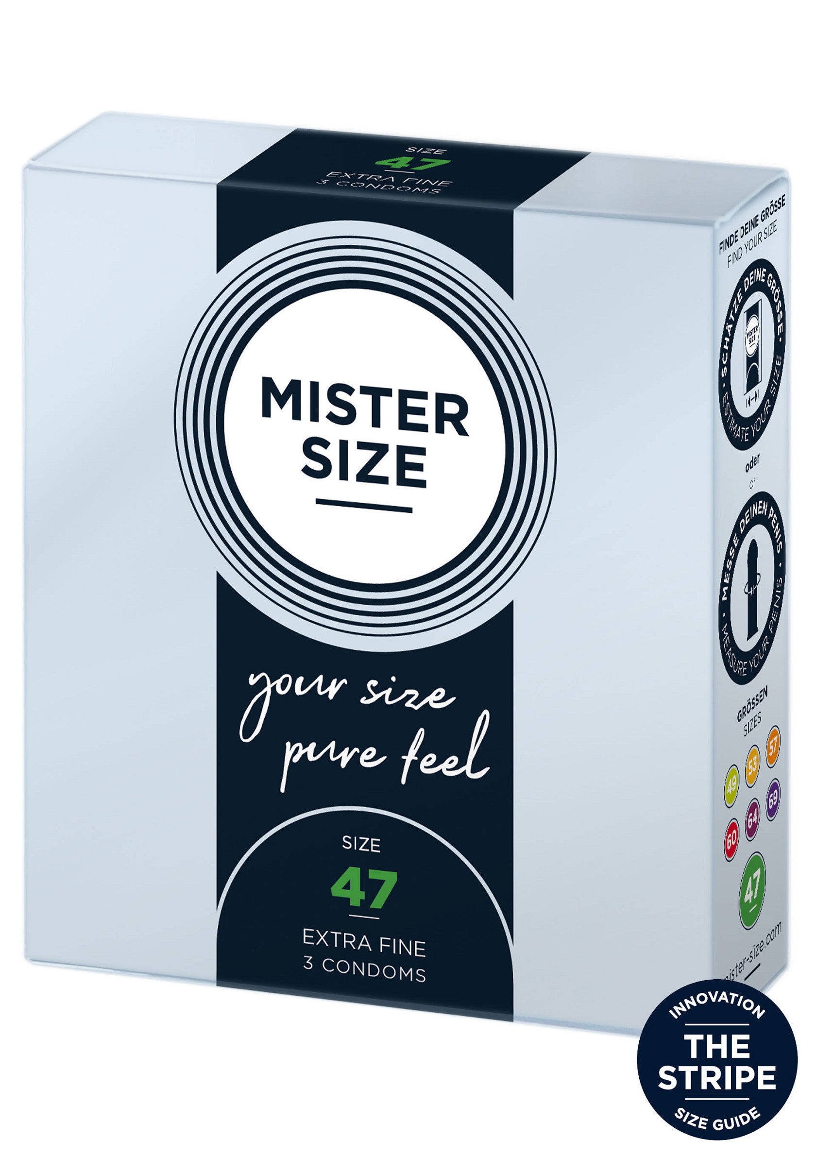 Préservatifs Mister Size 47 Extra Fine : pour un confort et une sensation naturelle. Disponible en boîte de 3.; Mister Size 47 Extra Fine condooms: voor comfort en een natuurlijk gevoel. Verkrijgbaar in een verpakking van 3 stuks.; Mister Size 47 Extra Fine condoms: for comfort and a natural feel. Available in a pack of 3.