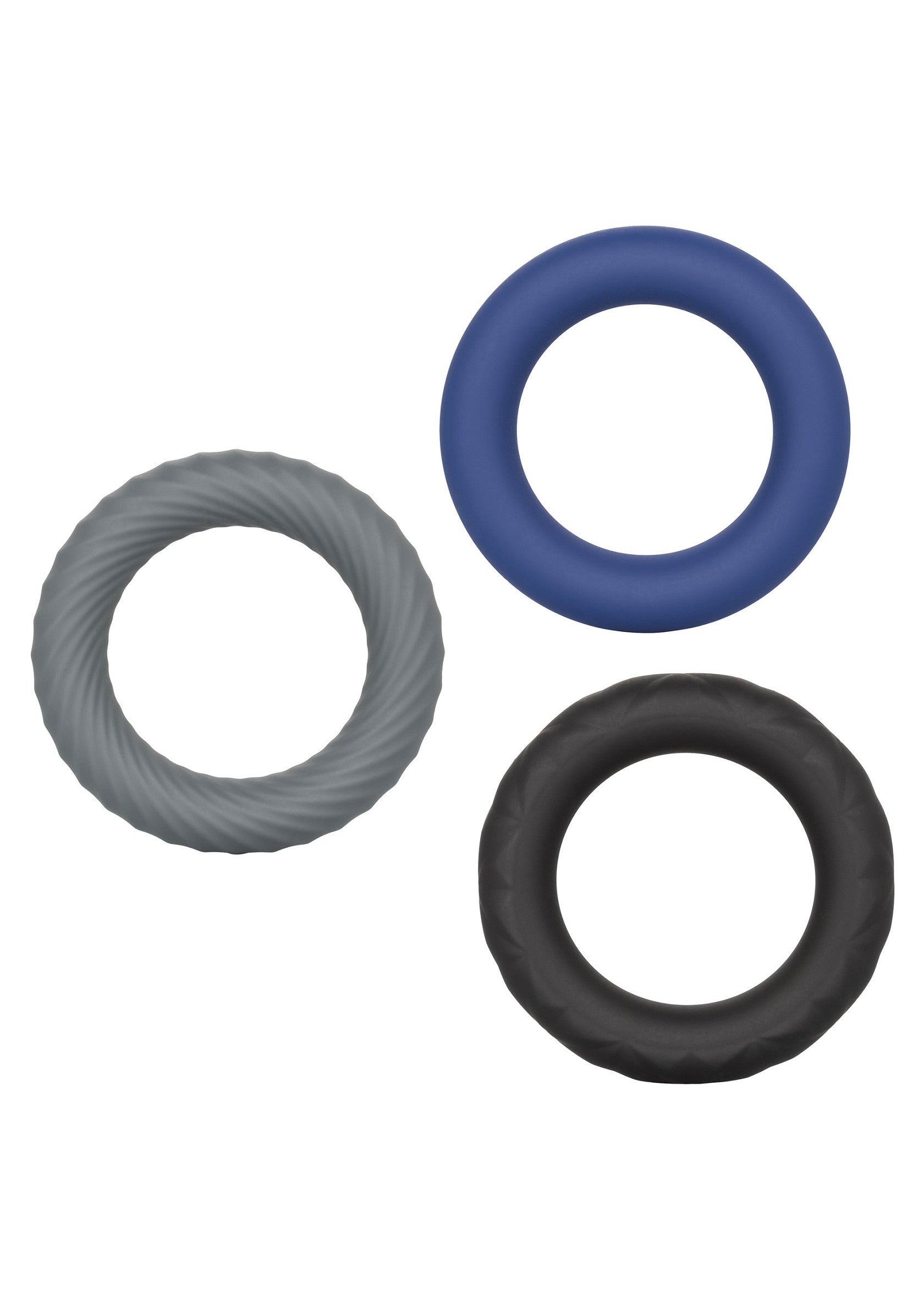 Ensemble d'anneaux de pénis texturés en silicone pour un plaisir accru.; Set van getextureerde penisringen van siliconen voor extra plezier.; Textured silicone cock ring set for enhanced pleasure.