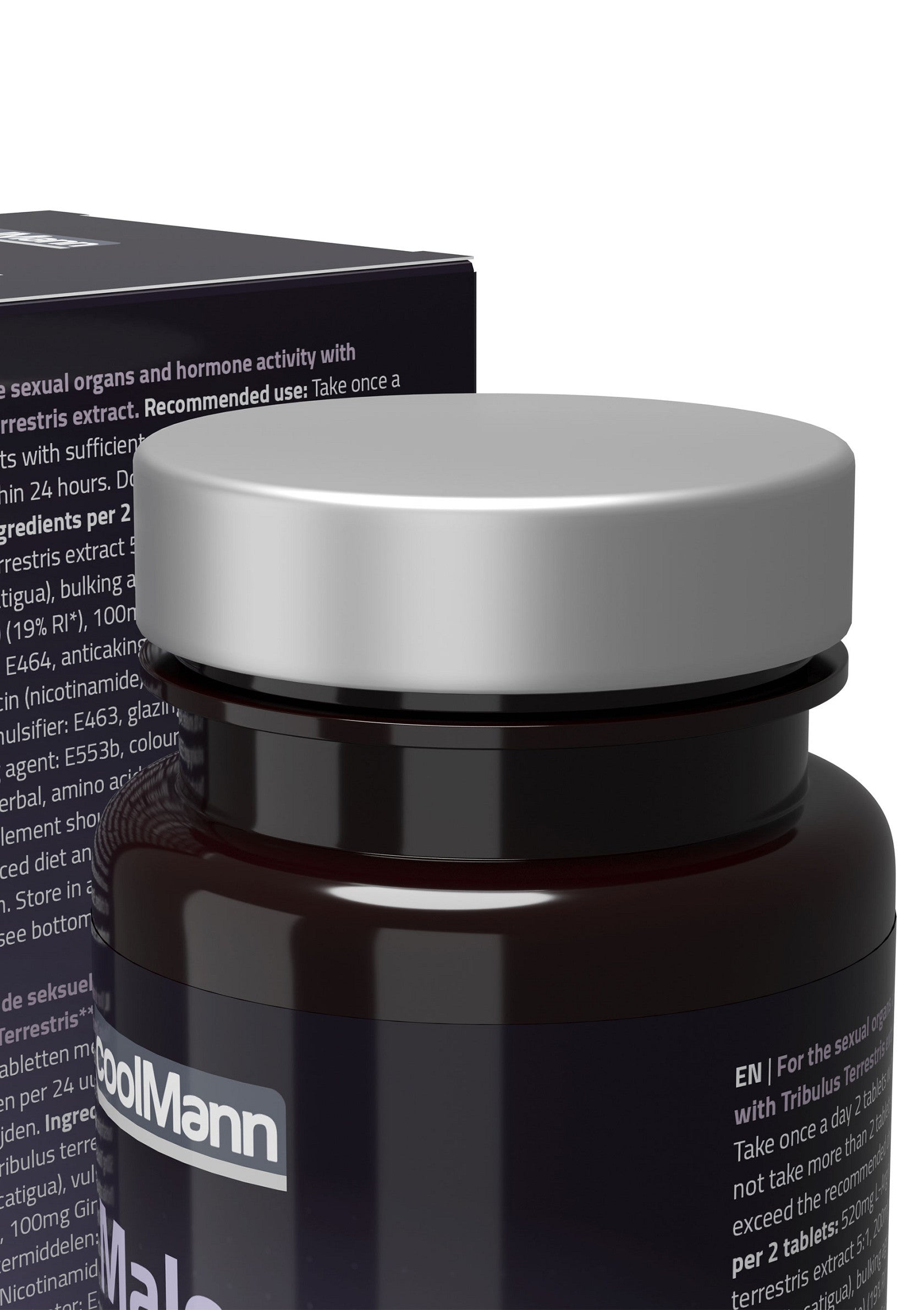Complément alimentaire CoolMann pour hommes. Soutien de la vitalité masculine. Contient du Tribulus Terrestris.; CoolMann voedingssupplement voor mannen. Ondersteunt de mannelijke vitaliteit. Bevat Tribulus Terrestris.; CoolMann supplement for men. Supports male vitality. Contains Tribulus Terrestris. Testosterone support.