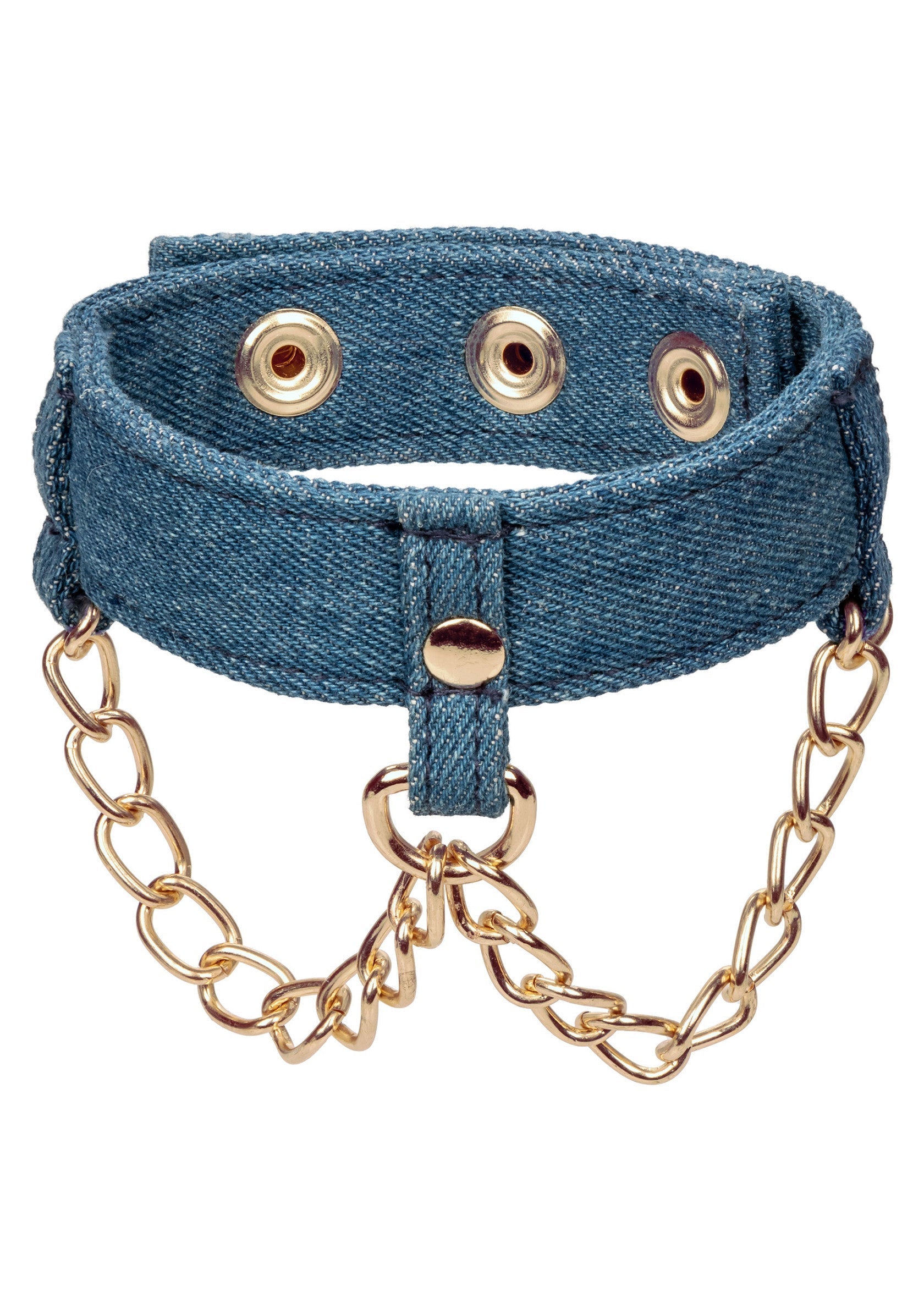 Collier ras du cou en jean avec chaînes dorées. Accessoire de mode tendance et original.; Denim choker ketting met gouden kettingen. Trendy en origineel modeaccessoire.; Denim choker necklace with gold chains. Trendy and unique fashion accessory.