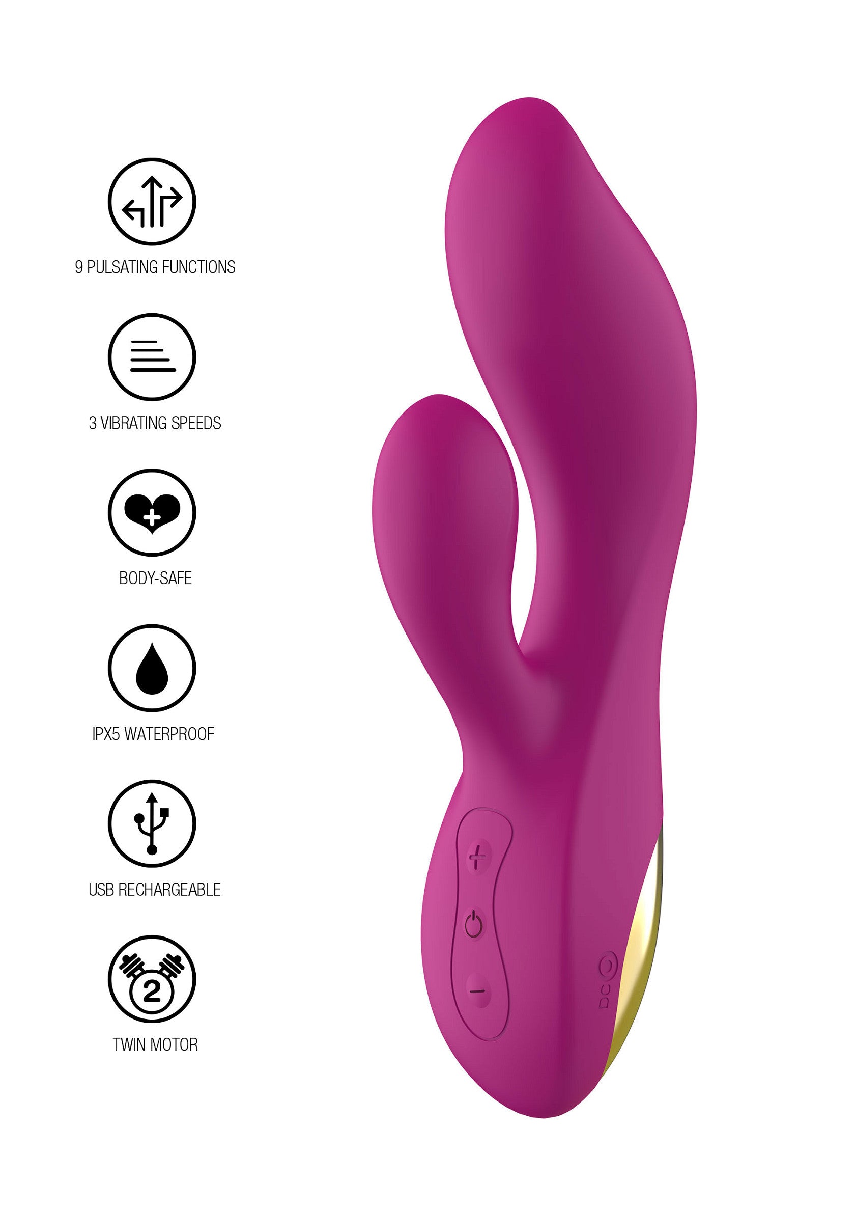 Vibromasseur double moteur rose, 9 modes, rechargeable USB, étanche. Plaisir intense garanti.; Roze vibrator met dubbele motor, 9 standen, USB oplaadbaar, waterdicht. Gegarandeerd intens genot.; Pink dual motor vibrator, 9 modes, USB rechargeable, waterproof. Guaranteed intense pleasure.