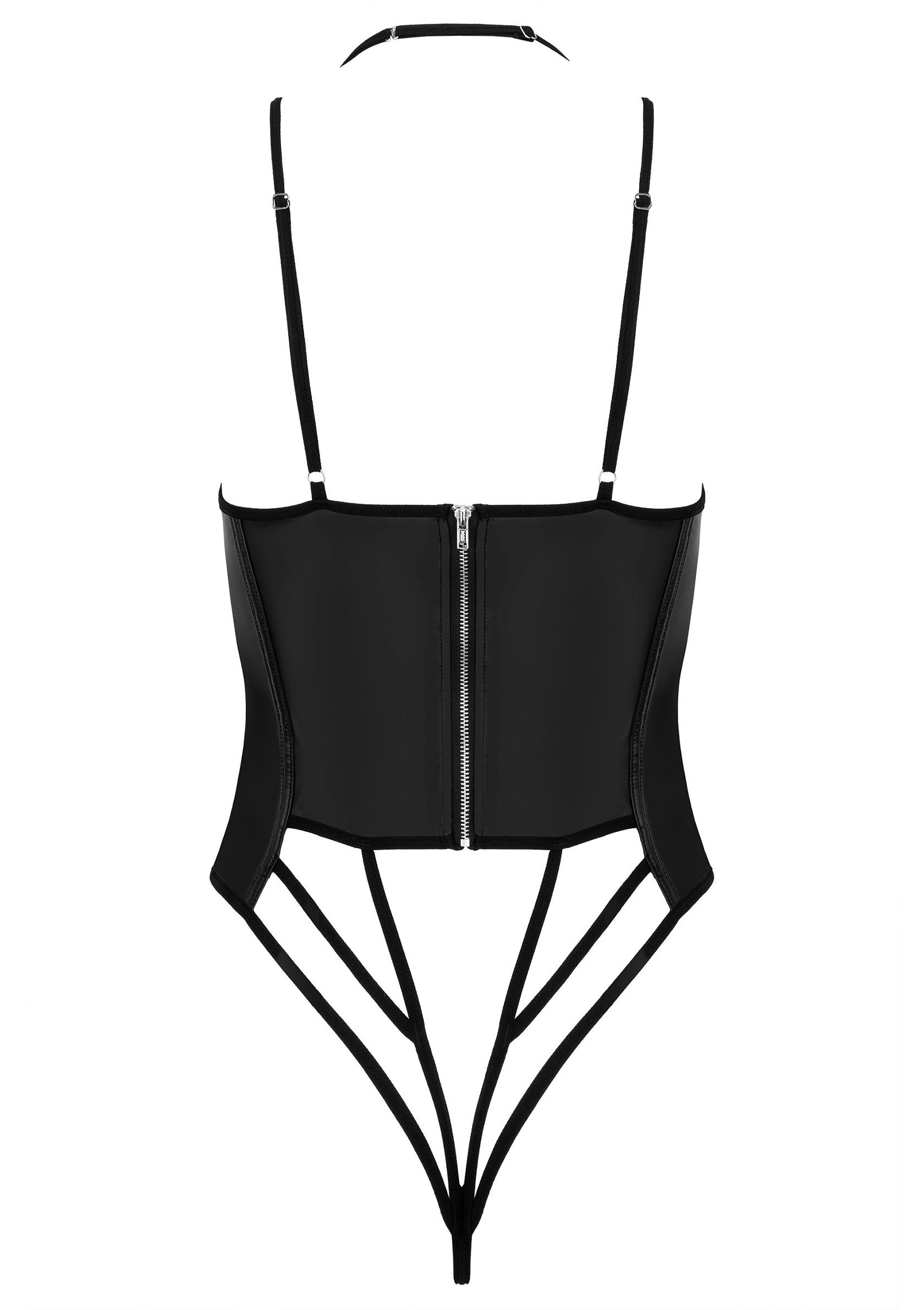 Body noir dos nu avec fermeture éclair et bretelles fines.; Zwarte bodysuit met open rug, rits en dunne bandjes.; Black backless bodysuit with zipper and thin straps.