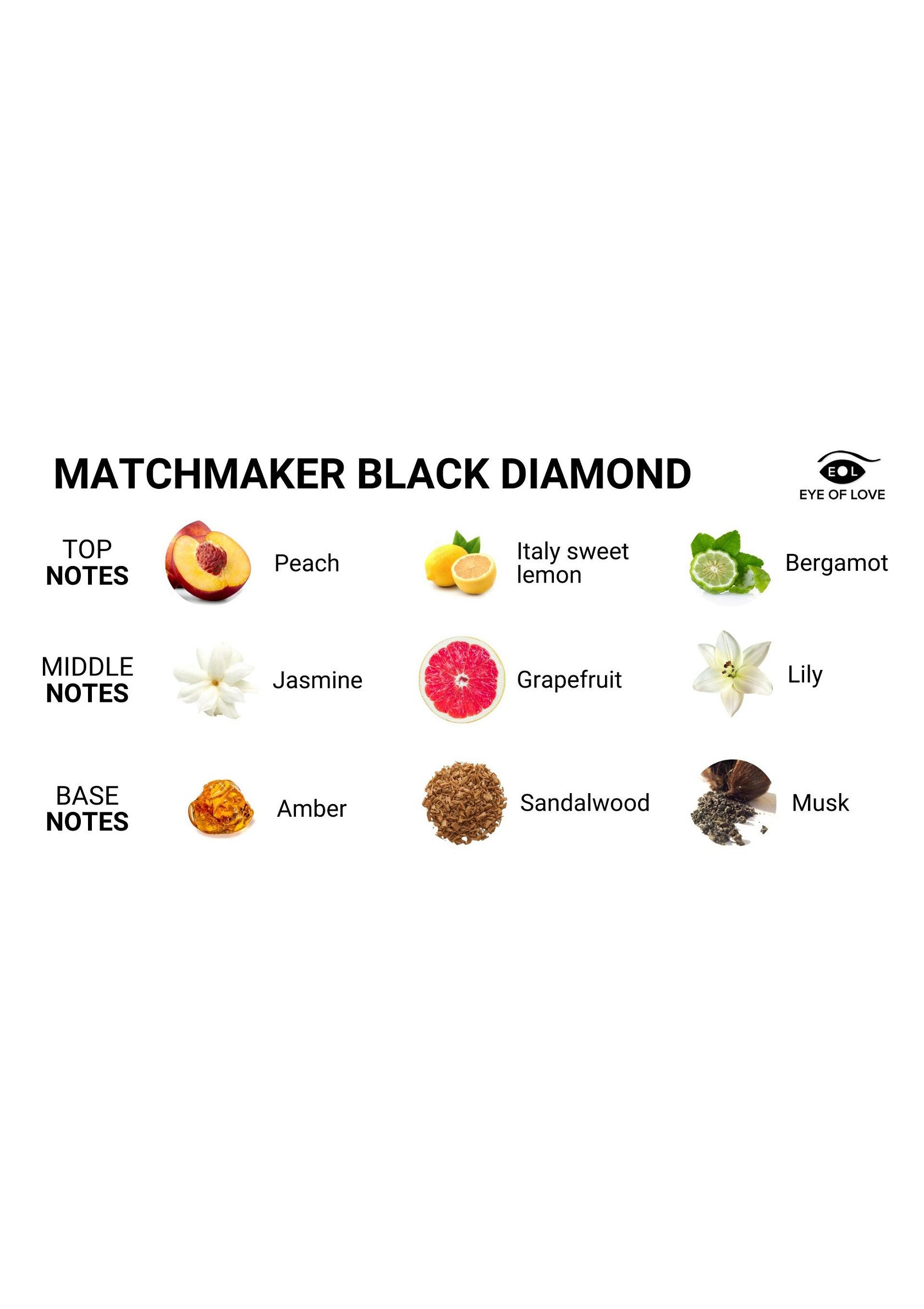 Notes de parfum Matchmaker Black Diamond : Pêche, citron, bergamote, jasmin, pamplemousse, lys, ambre, bois de santal et musc.; Matchmaker Black Diamond parfumnoten: perzik, citroen, bergamot, jasmijn, pompelmoes, lelie, amber, sandelhout en musk.; Matchmaker Black Diamond perfume notes: Peach, lemon, bergamot, jasmine, grapefruit, lily, amber, sandalwood and musk.