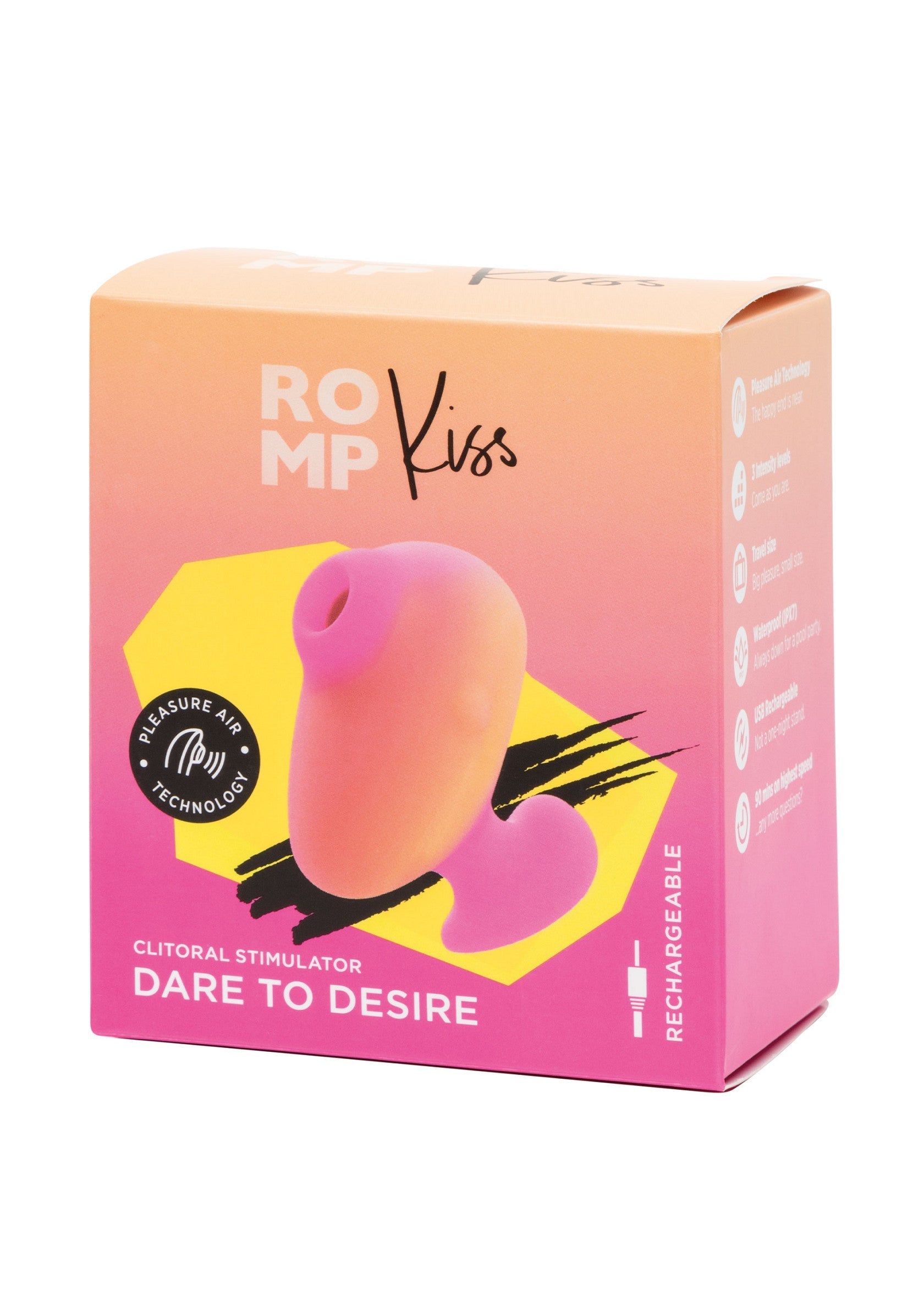 ROMP Kiss stimulateur clitoridien rose et orange en boîte. Osez le désir ! Rechargeable et discret.; ROMP Kiss clitorisstimulator roze-oranje in doos. Dare to desire! Oplaadbaar en discreet.; ROMP Kiss clitoral stimulator pink & orange in box. Dare to desire! Rechargeable & discreet.