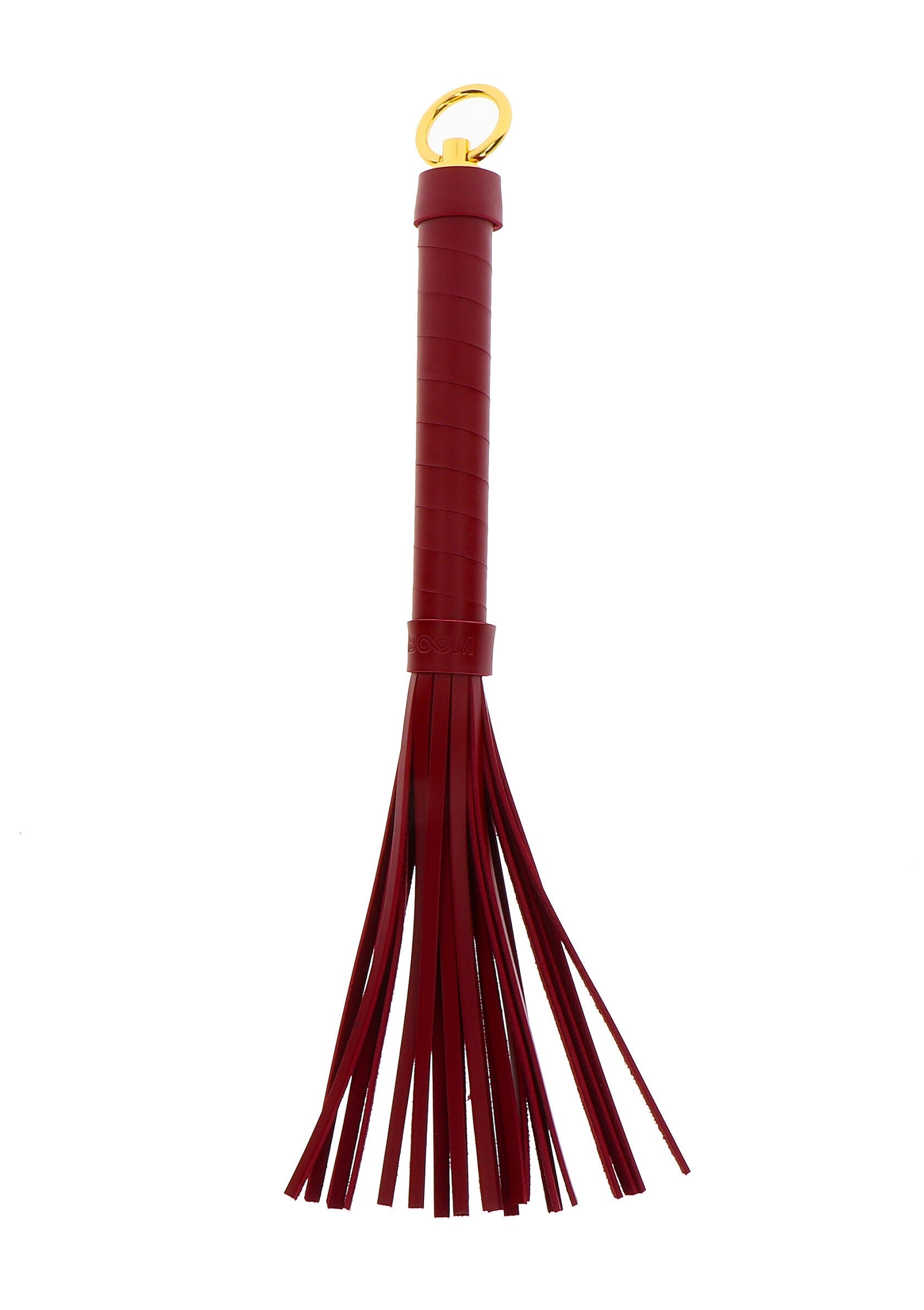 Cravache rouge en cuir avec boucle dorée pour pimenter votre vie amoureuse.; Rode leren zweep met gouden lus om uw liefdesleven op te fleuren.; Red leather flogger with gold loop to spice up your love life.