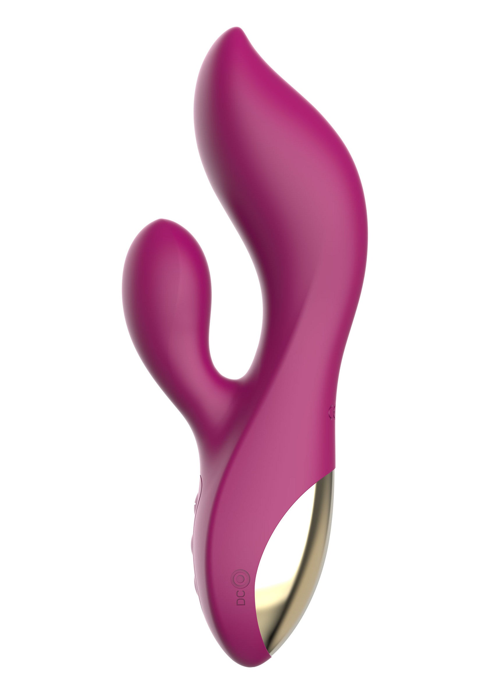 Vibromasseur clitoridien en silicone rose avec accents dorés pour le plaisir féminin.; Roze siliconen clitoris vibrator met gouden accenten voor vrouwelijk genot.; Pink silicone clitoral vibrator with gold accents for female pleasure.