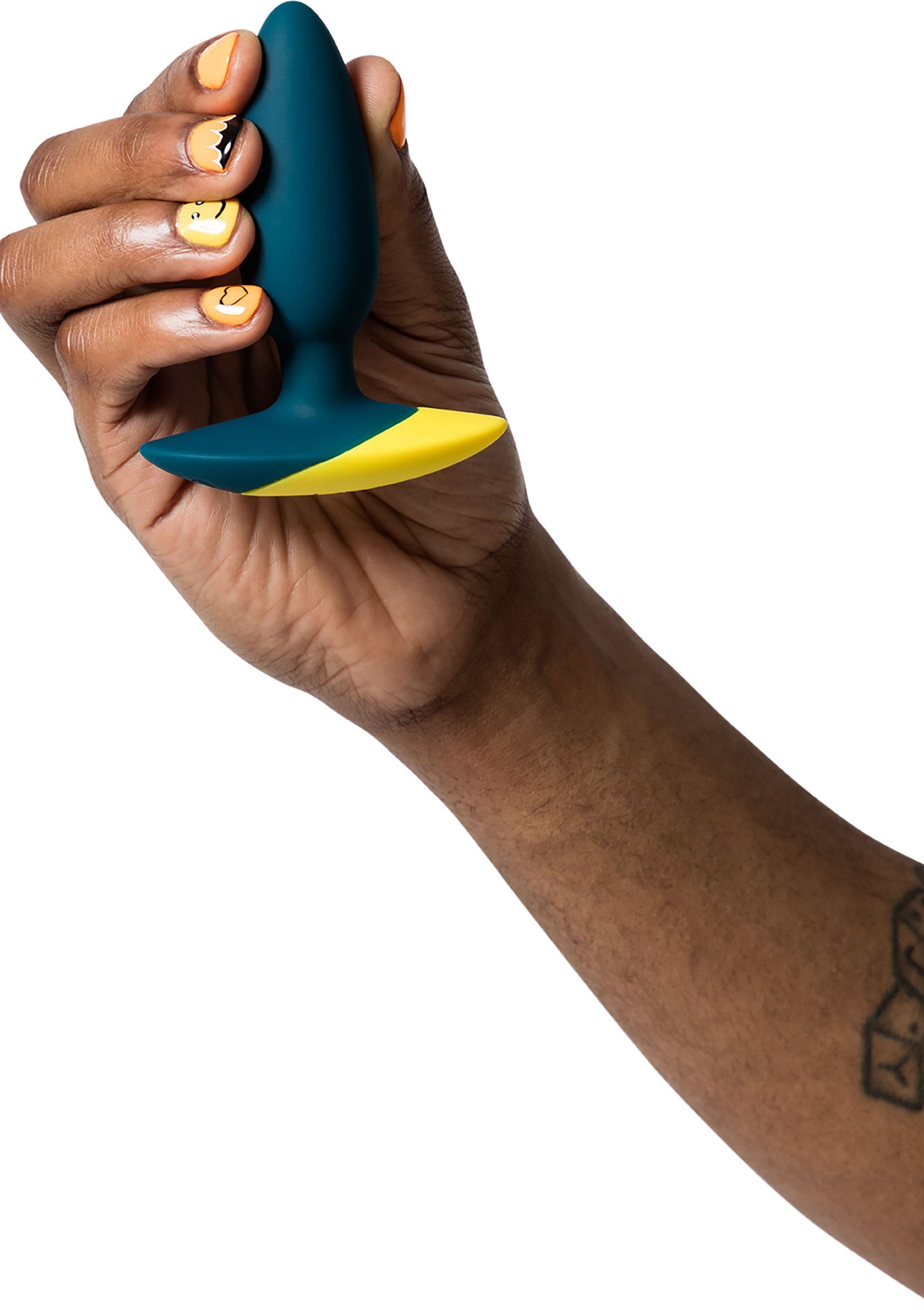 Plug anal bleu et jaune pour le plaisir. Explorez votre sensualité!; Blauwe en gele anale plug voor genot. Ontdek je sensualiteit!; Blue and yellow anal plug for pleasure. Explore your sensuality!