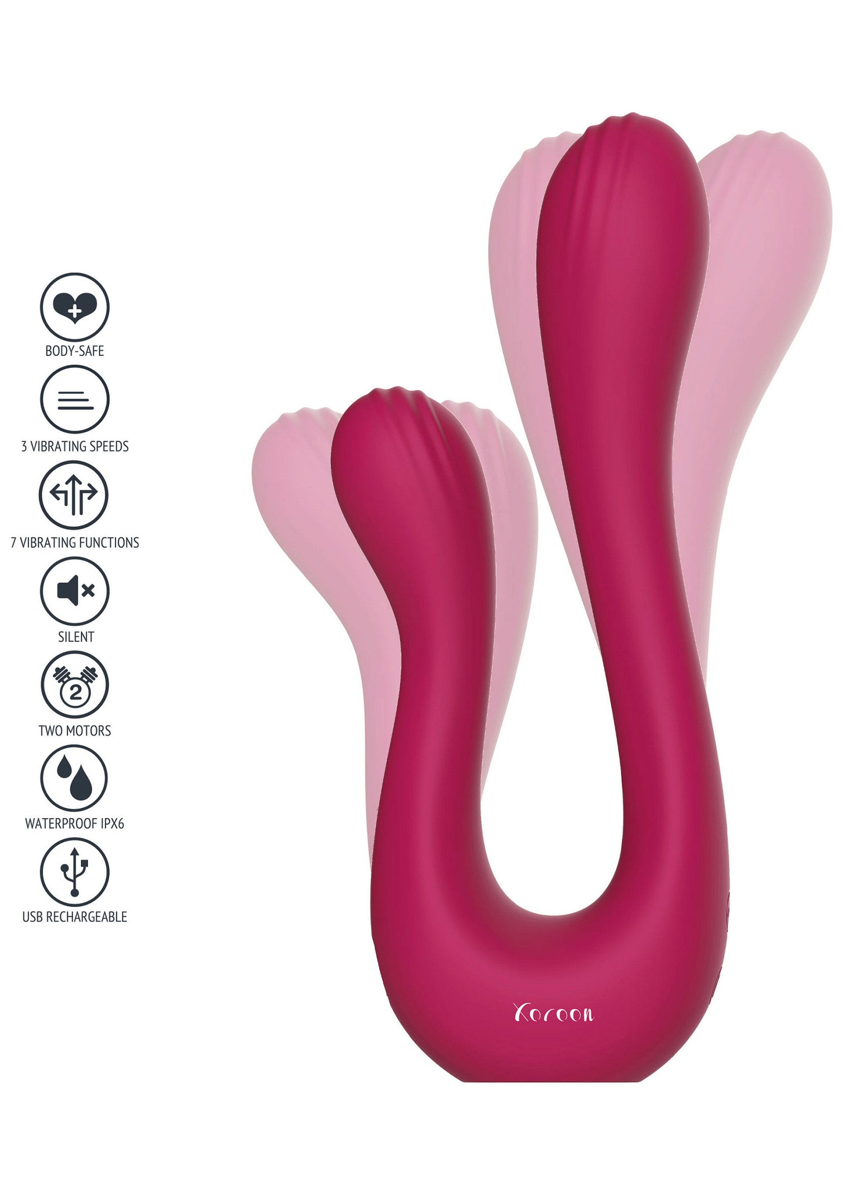 Vibromasseur double Cocoon rose : 3 vitesses, 7 modes, silencieux, étanche, rechargeable USB et sûr pour le corps. Pour un plaisir intense !; Roze Cocoon dubbele vibrator: 3 snelheden, 7 standen, stil, waterdicht, USB oplaadbaar en veilig voor het lichaam. Voor intens genot!; Pink Cocoon double vibrator: 3 speeds, 7 modes, silent, waterproof, USB rechargeable and body-safe. For intense pleasure!