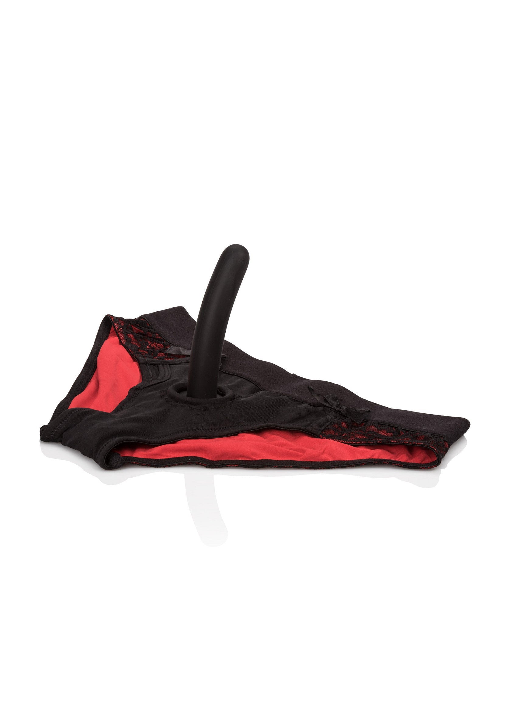 Gode ceinture vibrant noir et rouge pour des plaisirs intenses et variés.; Zwart en rode vibrerende dildo met riem voor intense en gevarieerde genoegens.; Black & red vibrating strap-on dildo for intense, varied pleasure.