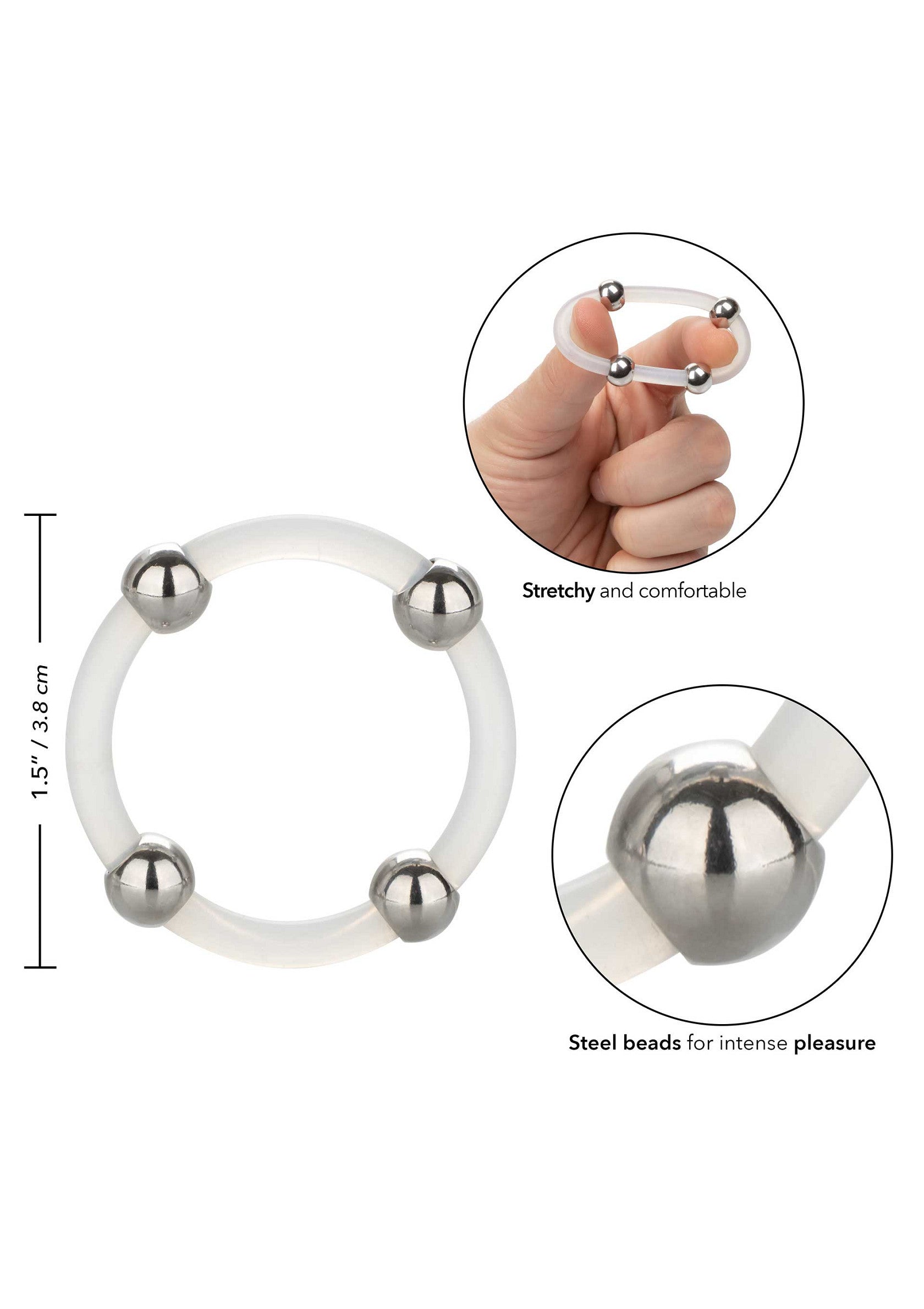 Anneau pénien extensible avec billes en acier pour un plaisir intense.; Rekbare penisring met stalen kogels voor intens plezier.; Stretchy cock ring with steel balls for intense pleasure.