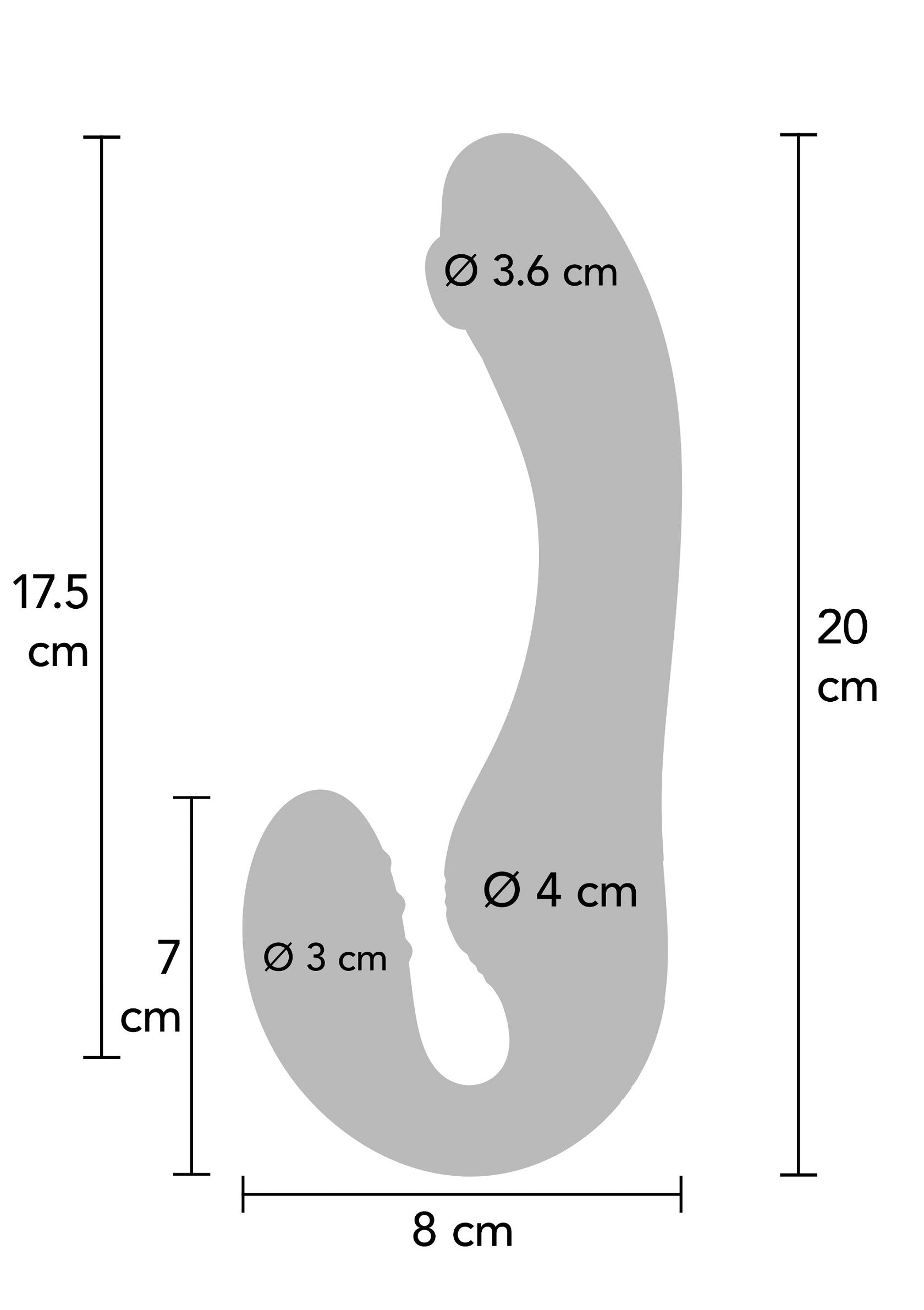 Schéma technique d'un sextoy double stimulation, avec dimensions en centimètres et diamètres indiqués.; Technische tekening van een dubbele stimulator seksspeeltje, met afmetingen in centimeters en aangegeven diameters.; Technical diagram of a dual stimulation sex toy, with dimensions in centimeters and diameters indicated.
